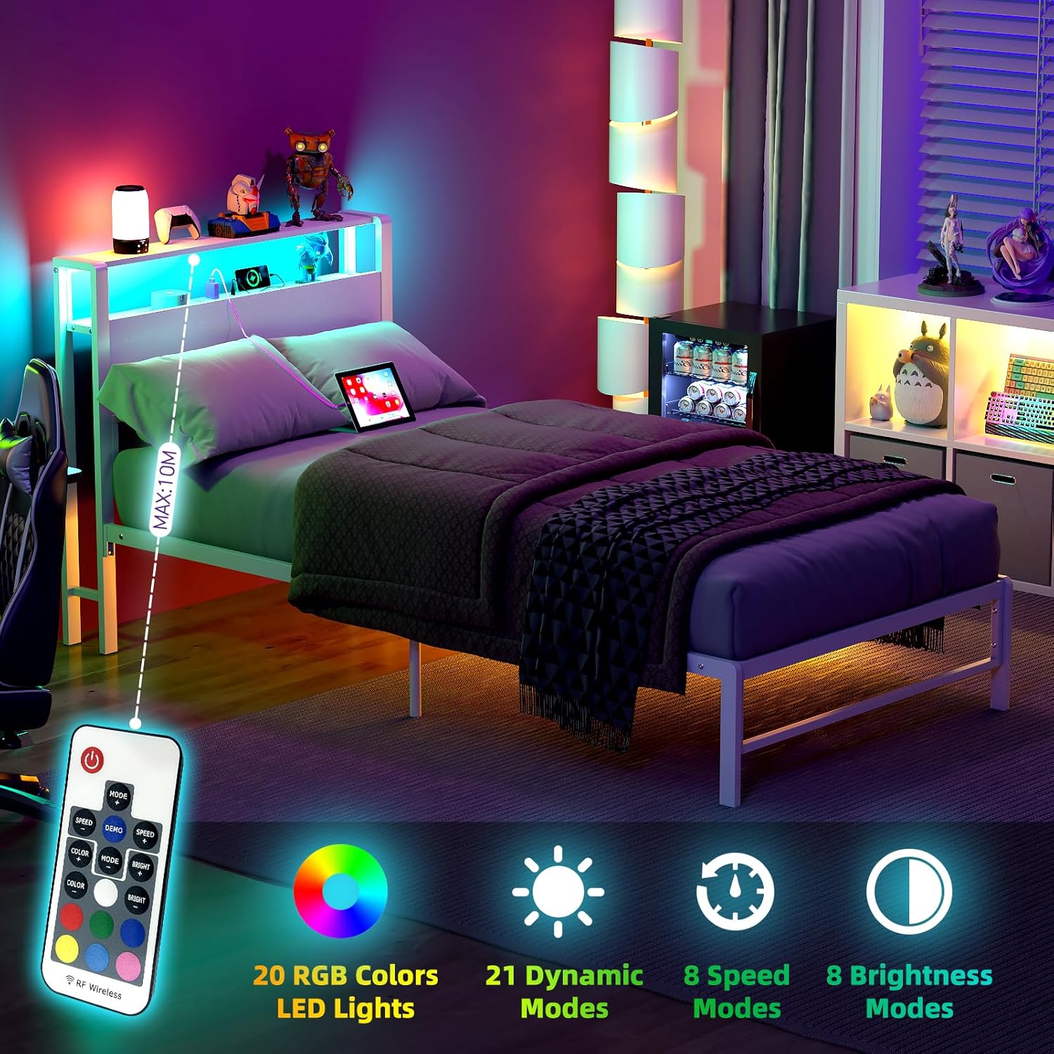 Weehom Twin Bed Frames with 2 Tiers Wood Storage Shelves Headboard, Twin Size Bed with Charger Stations and LED Light Under Bed Storage Space Platform Bed for Kids, Girls and Adults, White - Image 7