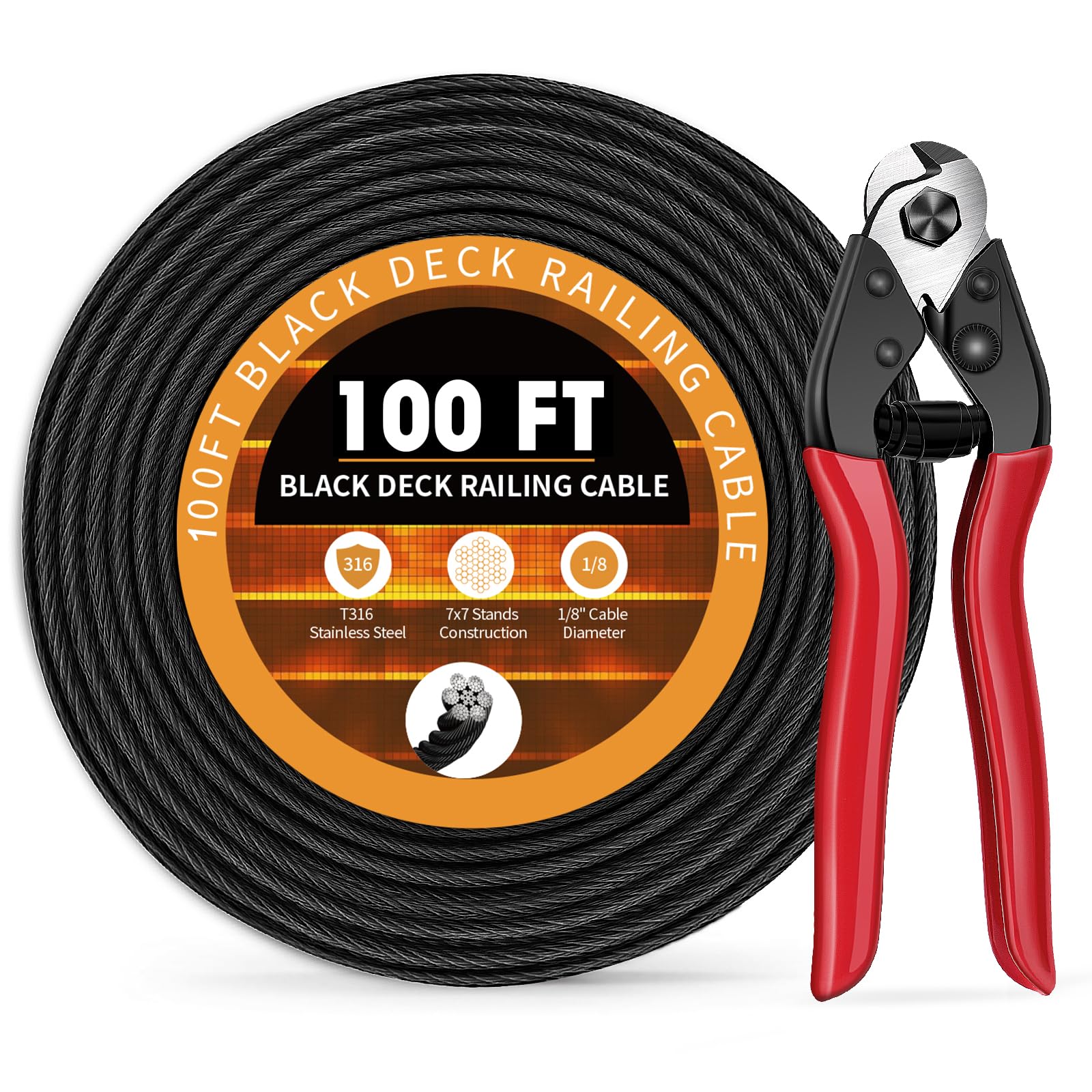 Spiglamm 100FT 1/8" Black Stainless Steel Cable with a Cutter, T316 Wire Rope for Indoor Outdoor Black Deck Cable Railing Kit, 7x7 Strands Aircraft