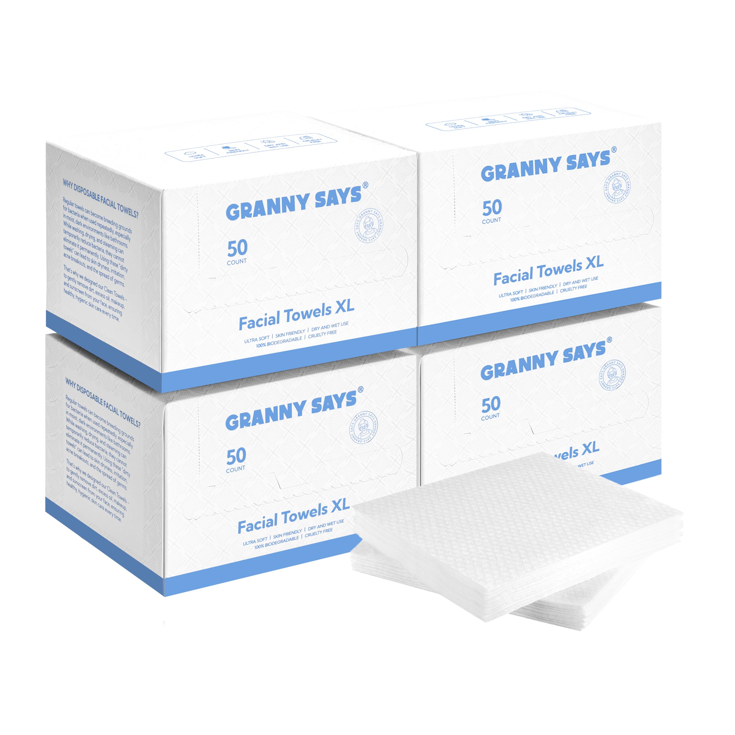 GRANNY SAYS Disposable Face Towel, 200 Counts/4 Boxes, Biobased Face Towelettes Disposable, Extra Thick Soft Face Towels, Clean Skin Towels for Remove Makeup, Facial Cleansing, 10"Ã—12"
