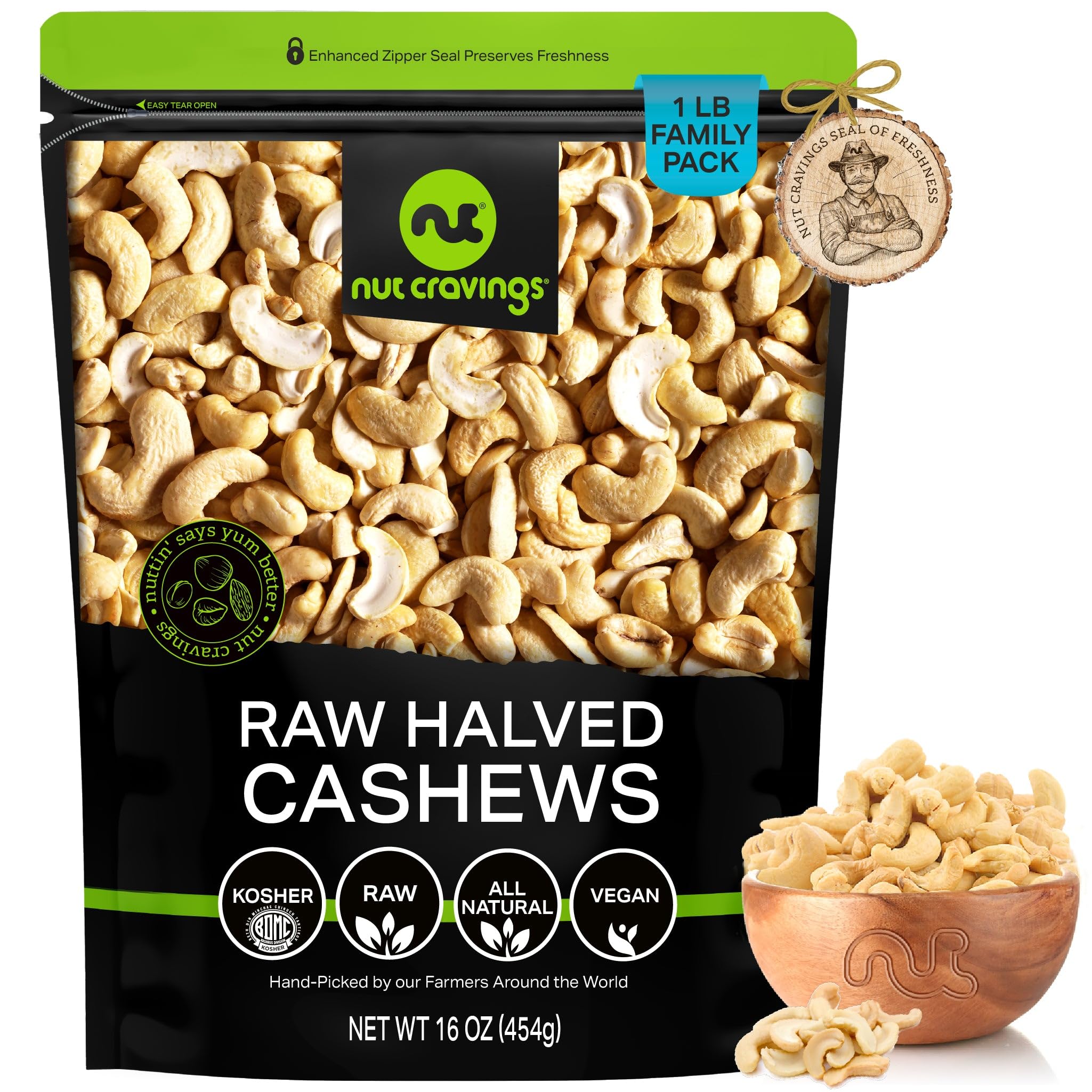 NUT CRAVINGS - Raw Cashew Halves & Pieces, Unsalted, Shelled, (16oz - 1 LB) Packed Fresh in Resealable Bag - Kosher Healthy Snack, Food Assortments