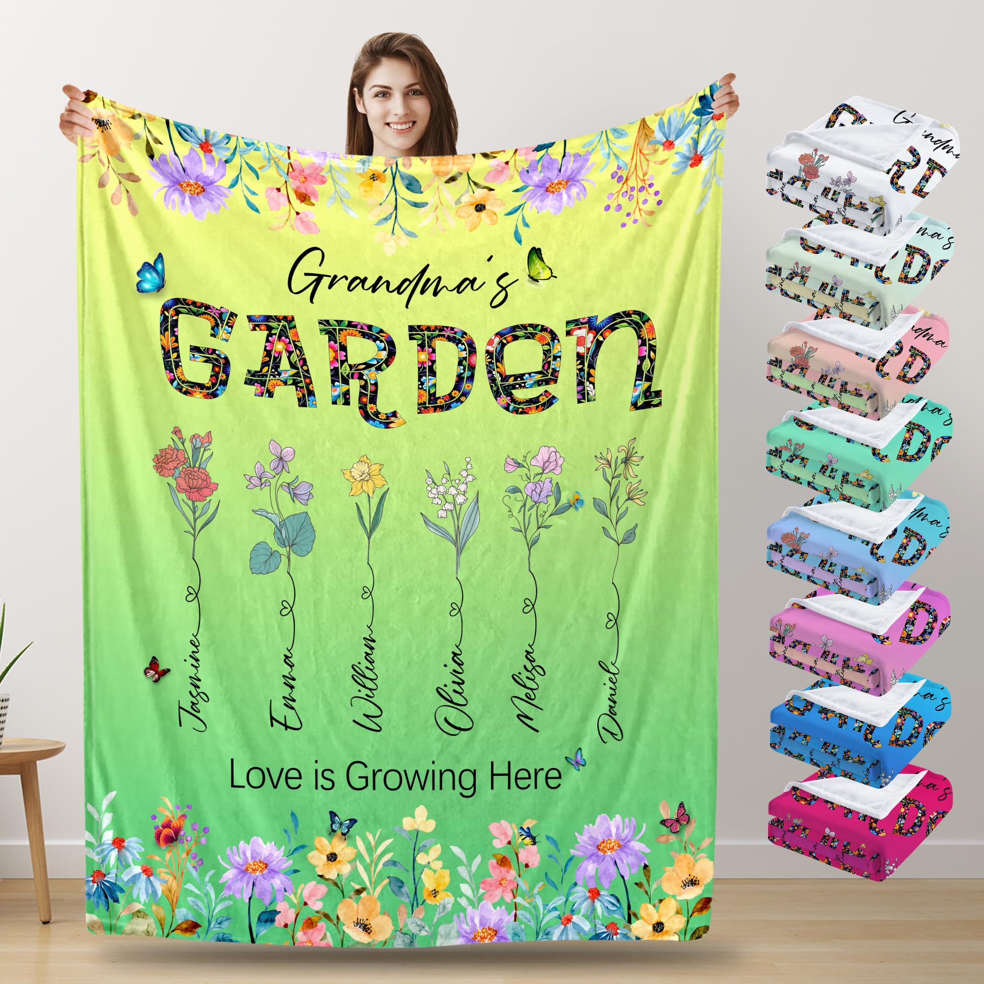 FESTIMAKE Custom Nana's Garden Blanket with Grandkids Name, Personalized Mothers' Day Blanket Gift Customized Birth Month Flower Name Blankets Gift