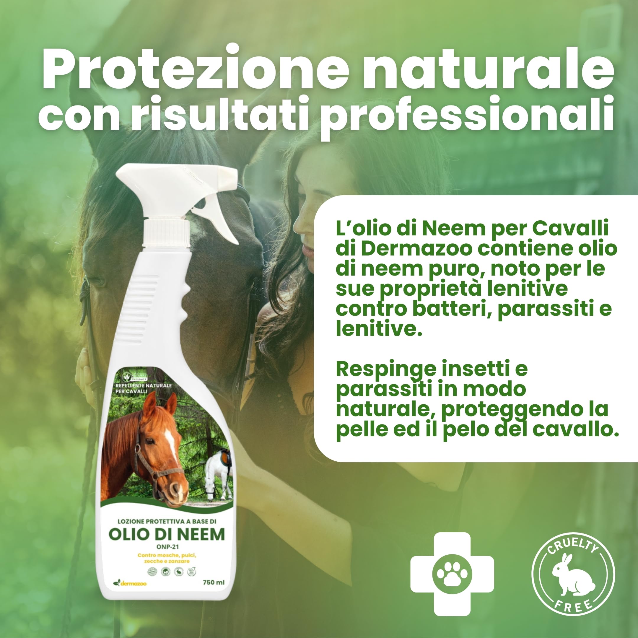 Dermazoo Olio di Neem per Cavalli ONP-21, Repellente Cavalli Antipulci 2 x 750ml, per Pidocchi, Zanzare, Zecche, Mosche e Tafani, Lozione Spray Antizanzare Sicura, Naturale e Specifica