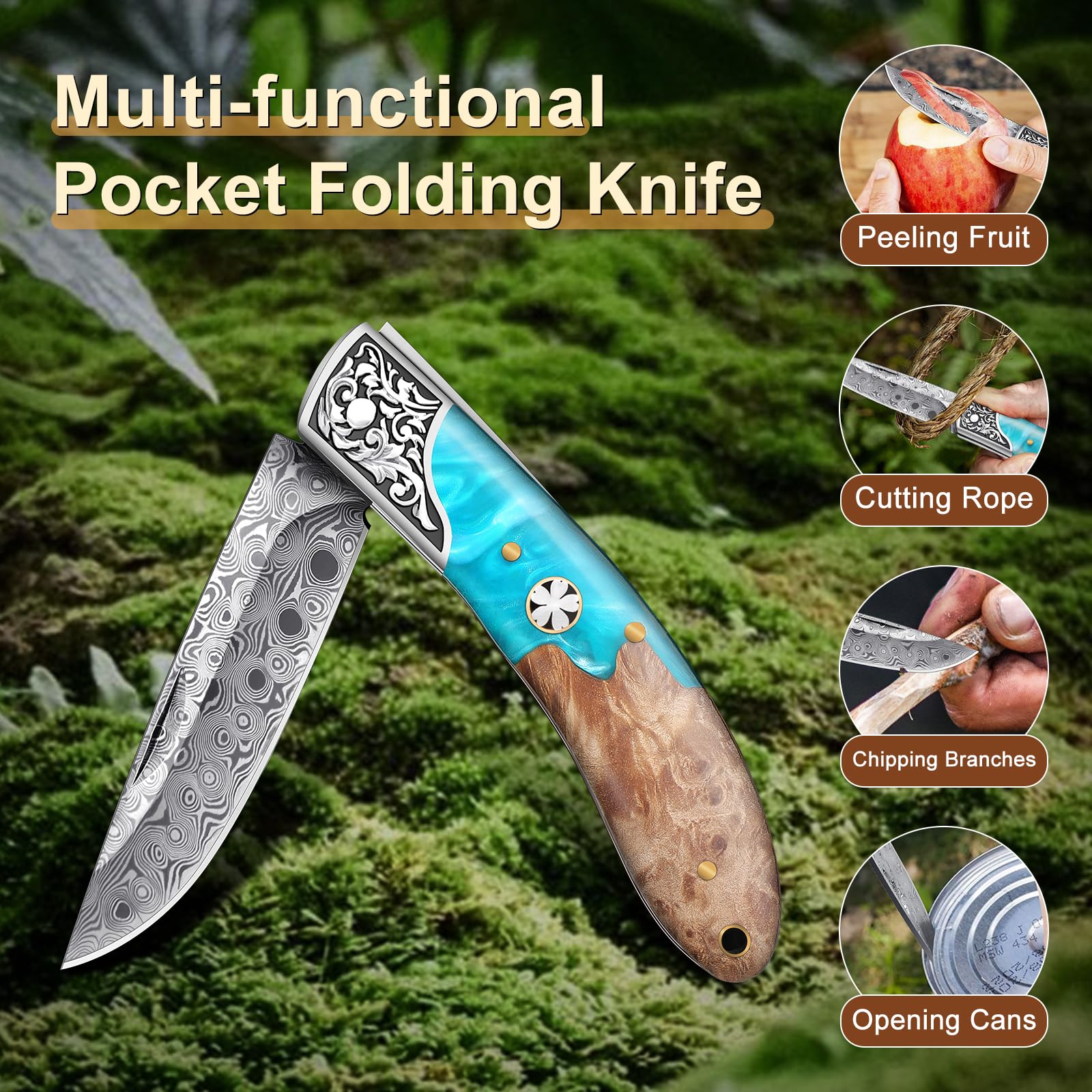 Freelander Coltello tascabile pieghevole in acciaio 5CR15, manico in legno di pera, per esterni, sopravvivenza e pesca con fondina