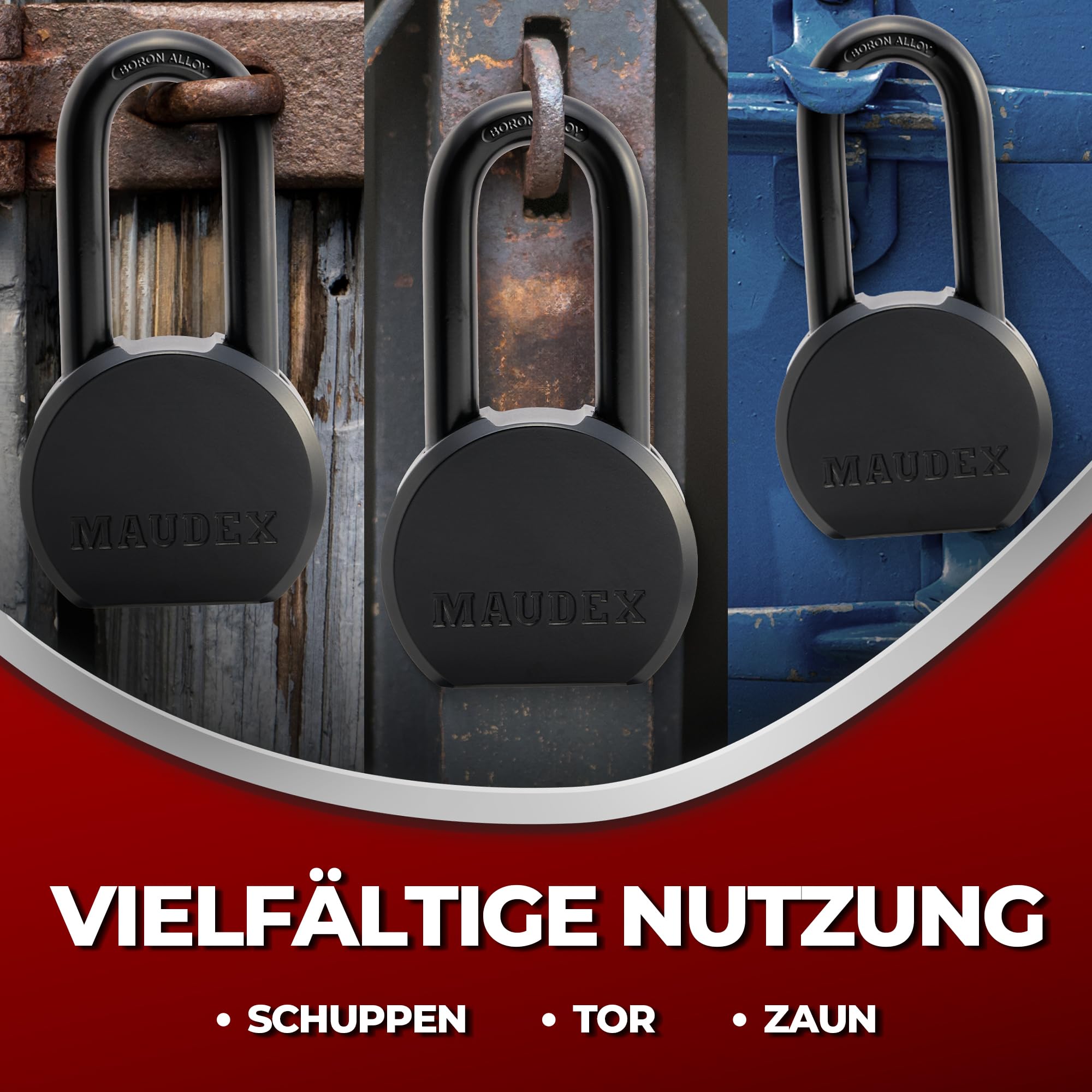 Maudex® PME65 Allwetter-Schutz Schwerlast Vorhängeschloss mit 5 Schlüssel - 12 mm Schnittfester Borlegierung Langer Bügel | Sicherheitsschloss für Schuppen, Tore, Container & Außenlager