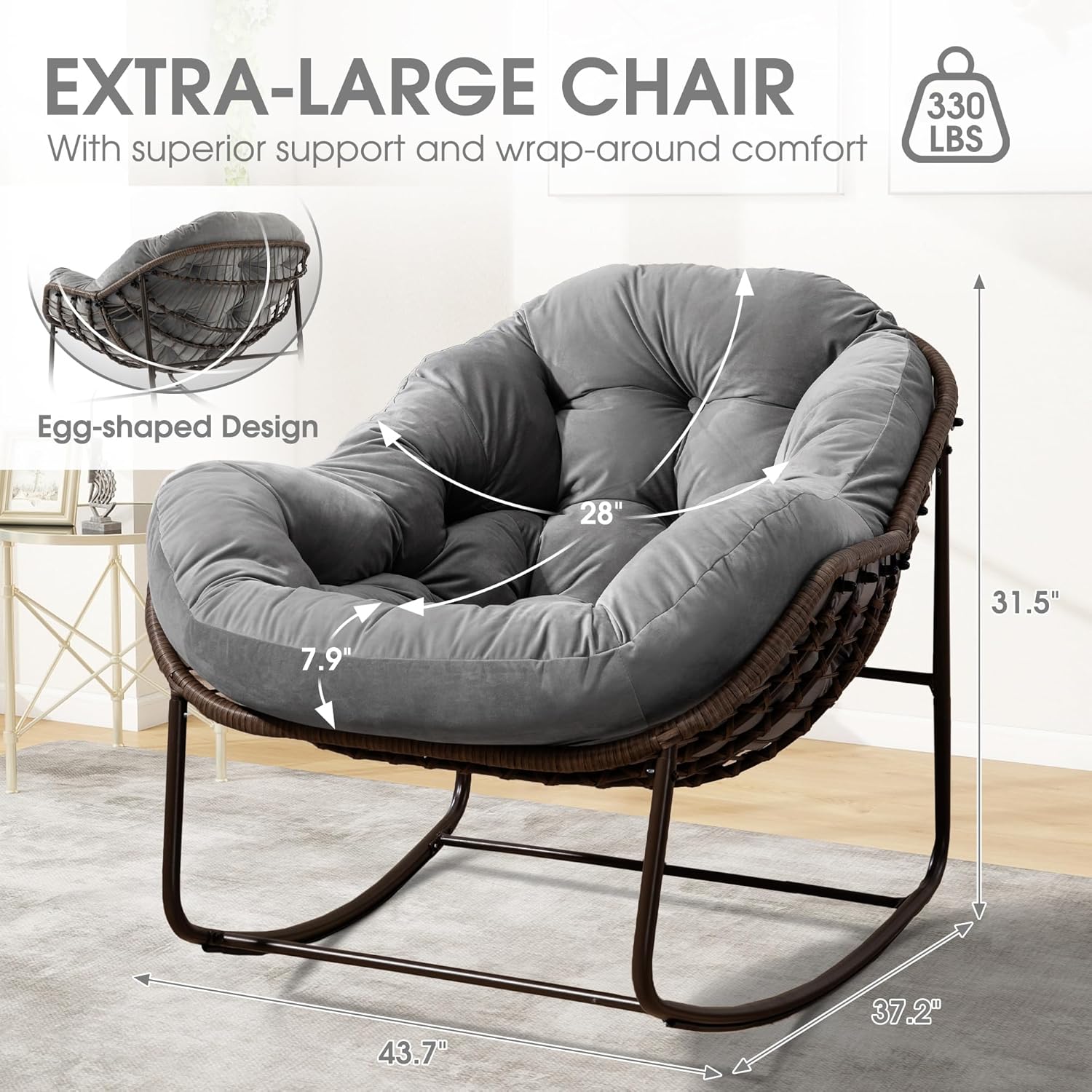 Oversized Papasan Rocking Chair - Outdoor Luxury Comfy Patio Chair Set of 2 Indoor Egg Royal Double Rattan Rocking Chair with Cushion for Front Porch Lounge Lawn Bedroom (Grey Velvet)
