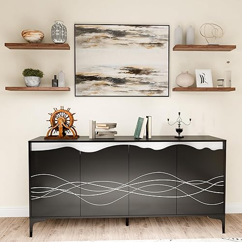 Miniatura 6 de howcool Armario buffet aparador de 63 pulgadas, gabinete de acento negro con diseño de rayas blancas, armario de almacenamiento moderno con 4