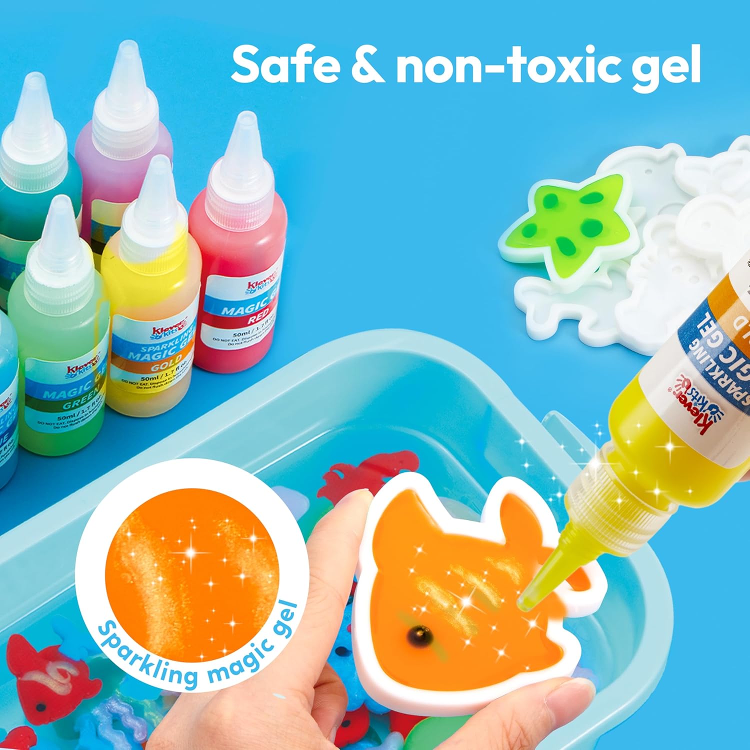 Klever Kits Glow-in-The-Dark Water Gel Kit, Magic Fairy Water Pets Toy Kit with 10 Gels(7 Glow-in-The-Dark Gels), 12 Molds, Preserving Bottle, DIY STEM Craft Kits, Arts and Crafts for Kids