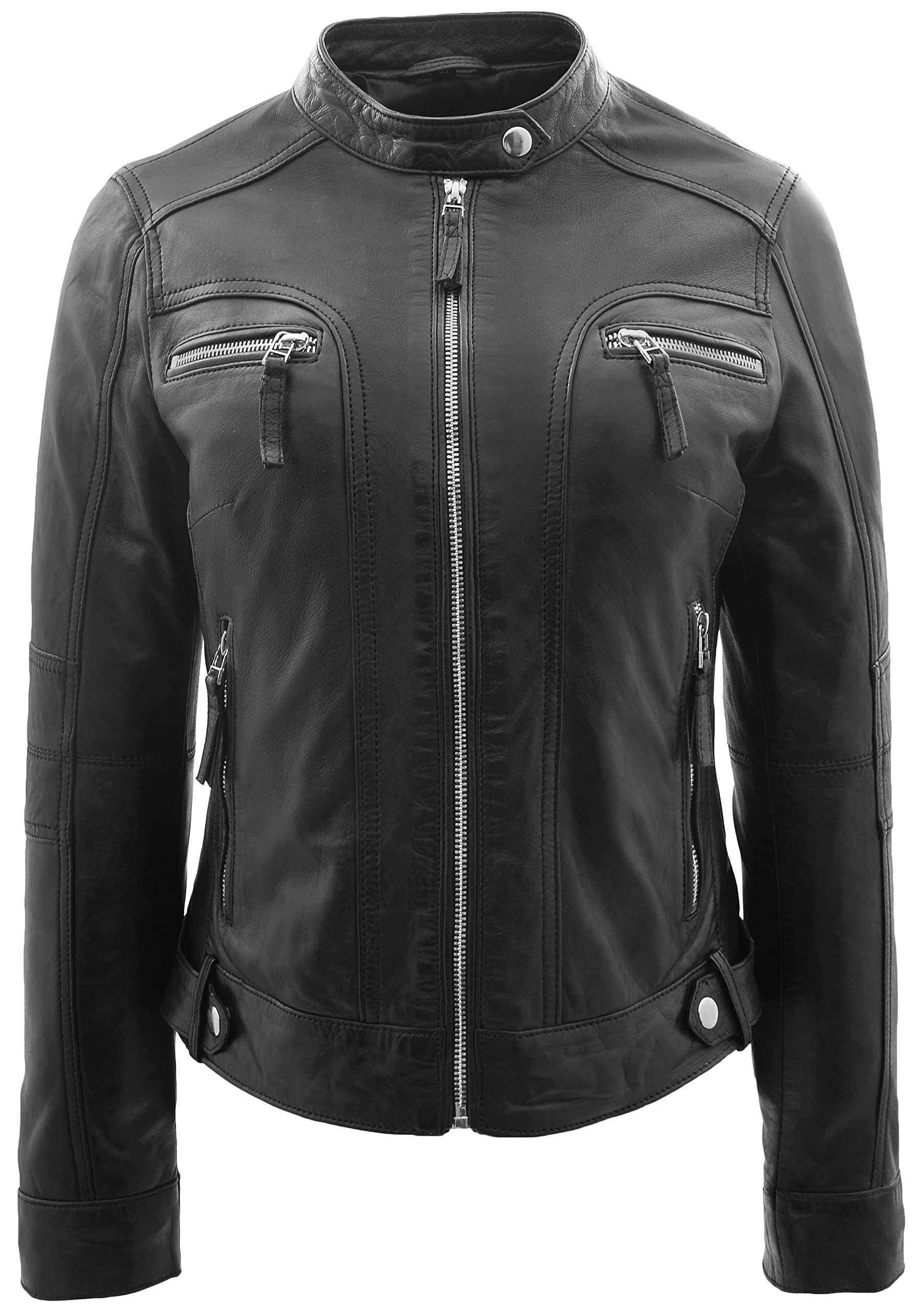 Giacca Moto Donna In Vera Pelle Nappa Morbida - Modello Zoe, Colore Nero, Stile Casual Con Zip E Tasche, Fodera In Poliestere