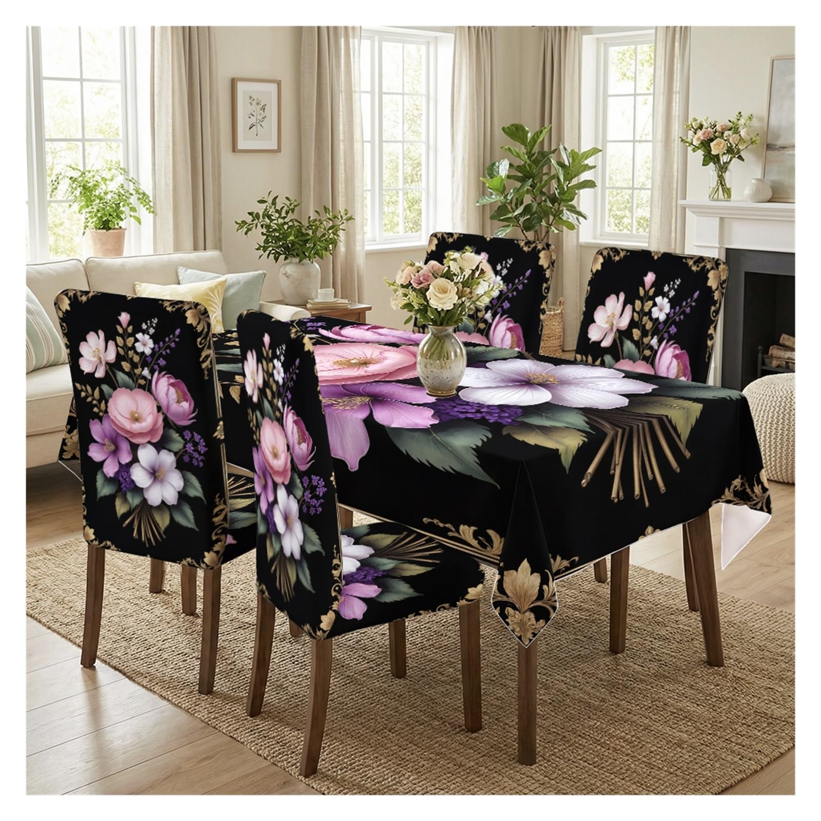 KXUAUV Ornate Pink Floral Print Stretch Dining Chair Covers & Tablecloth Set, 5/7 Pack Party Decor(5pcs Set: Tablecloth+Chair Covers)