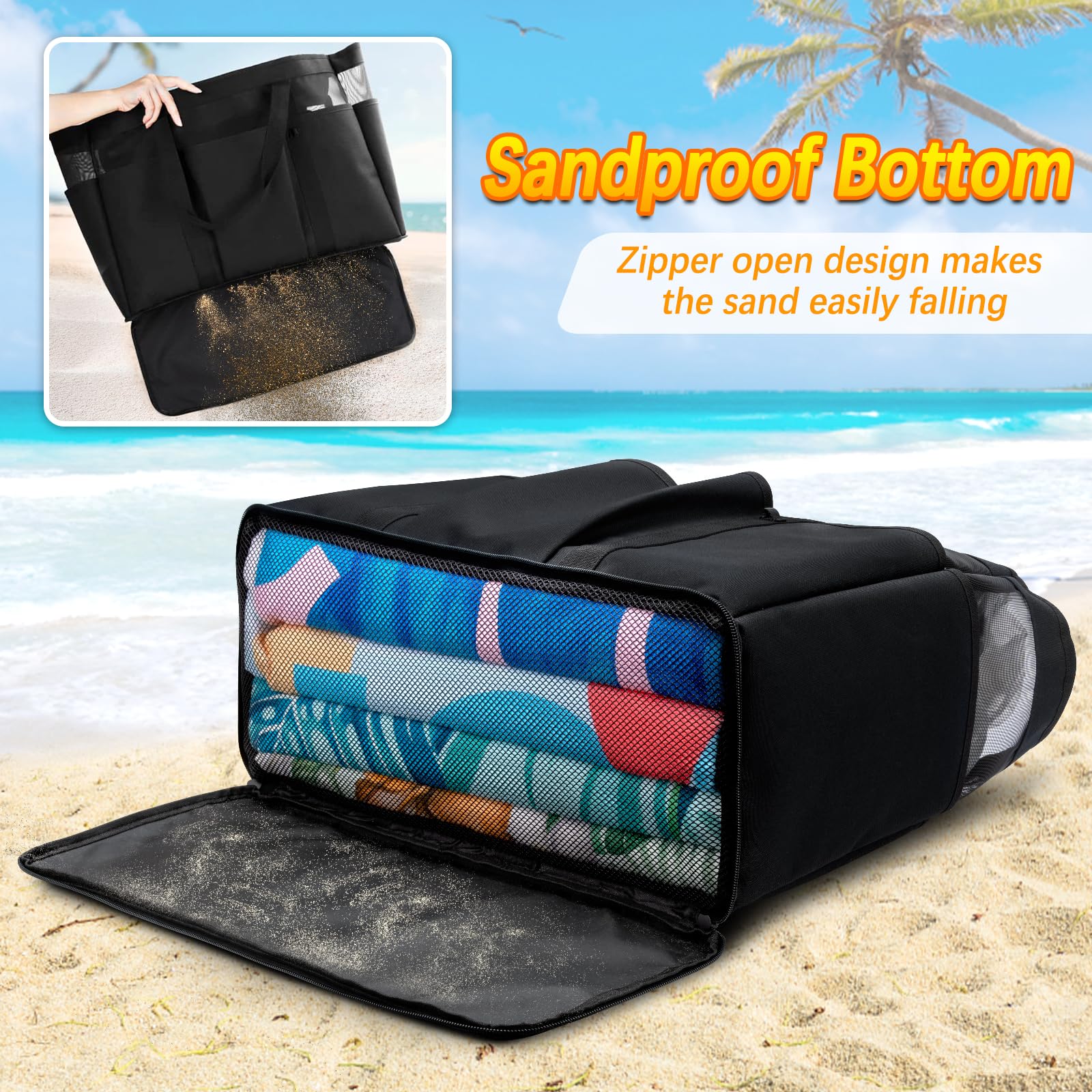 Grande Sac de Plage XXL Famille 45L Pliable 50x35x20cm Multi-Poche Nylon avec Fermeture Éclair et Poche Intérieure - Rangement pour Jouets, Courses, Voyage Weekend (Noir)