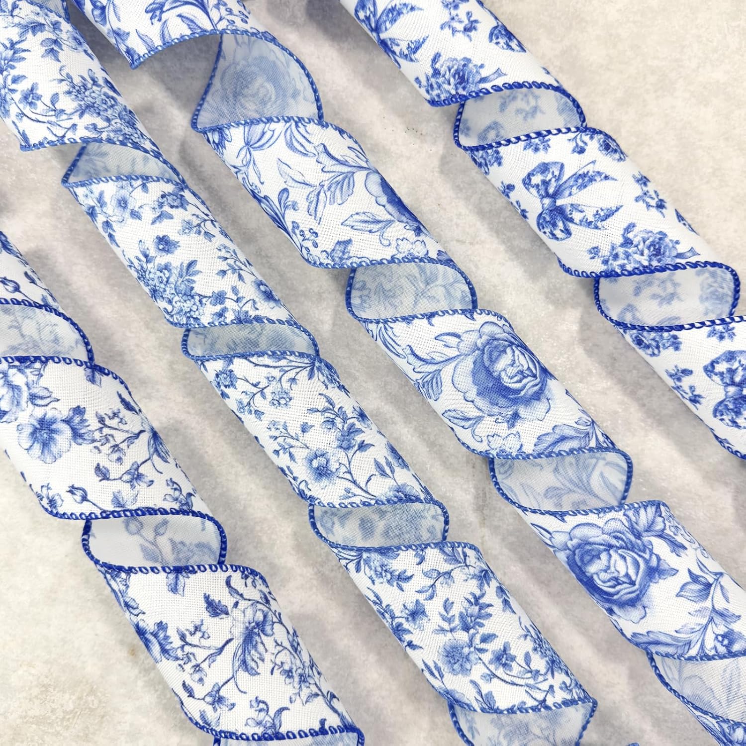 Blue Floral Wired Ribbon, Vintage Chinoiserie Fabric Craft Ribbon for Gift Wrapping, Wedding Decor, DIY Crafts, 4 Rolls, 2.5 Inch x 20 Yards (Blue)