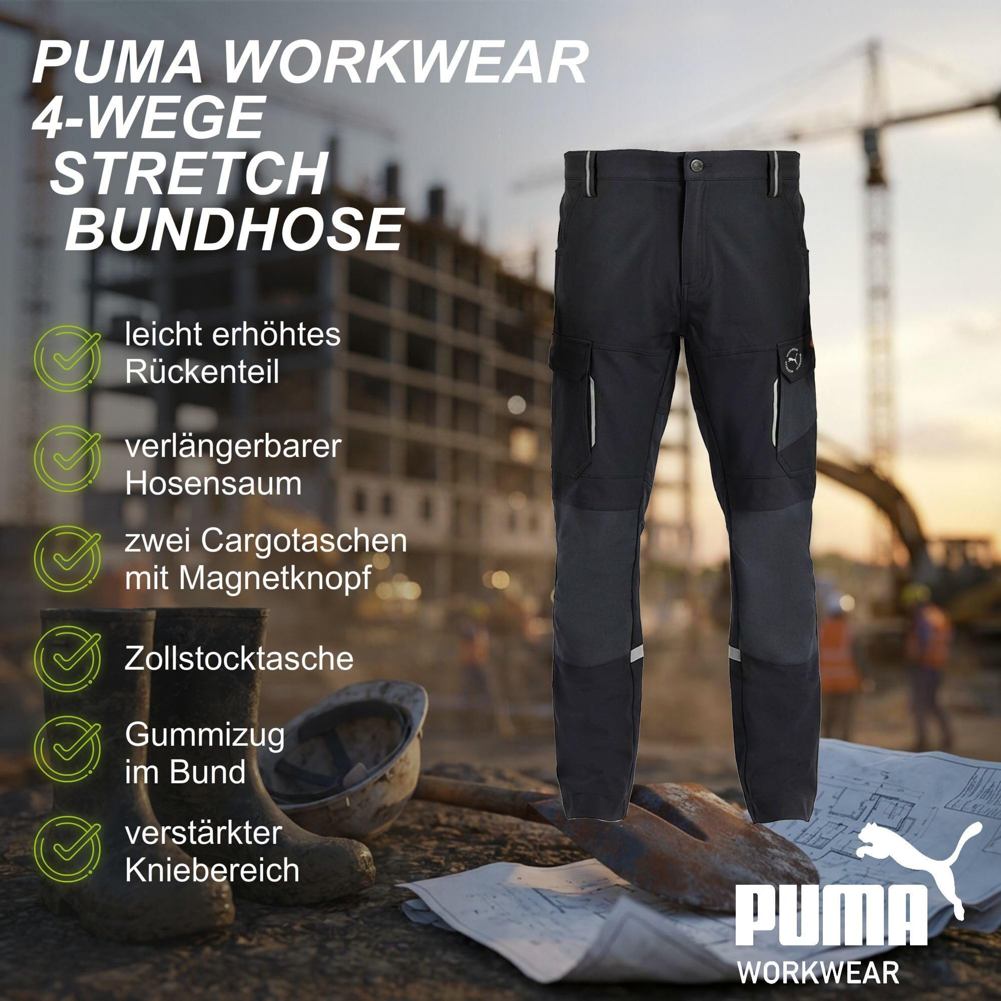 PUMA Workwear Arbeitshose Herren - Mit 4-Wege Stretch - Robuste Hose mit verstärktem Kniebereich und Gummizug im Bund - Erhöhtes Rückenteil - Bundhose mit verlängerbarem Hosensaum