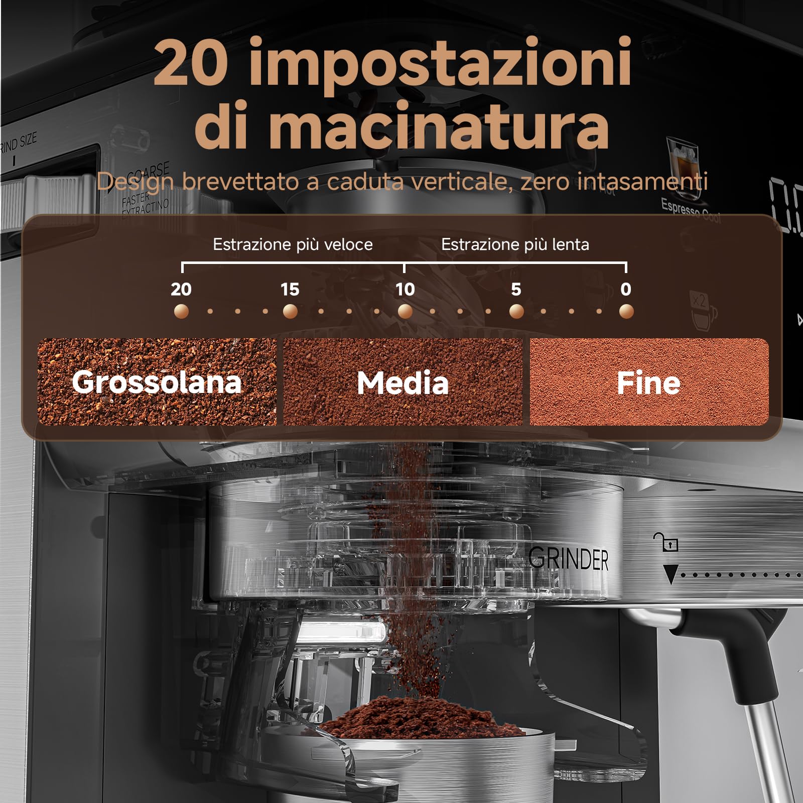AMZCHEF macchina caffè con macinino, macchina da caffè espresso 20 bar per casa con montalatte, 3 livelli di temperatura, 20 impostazioni di macinatura, display touch