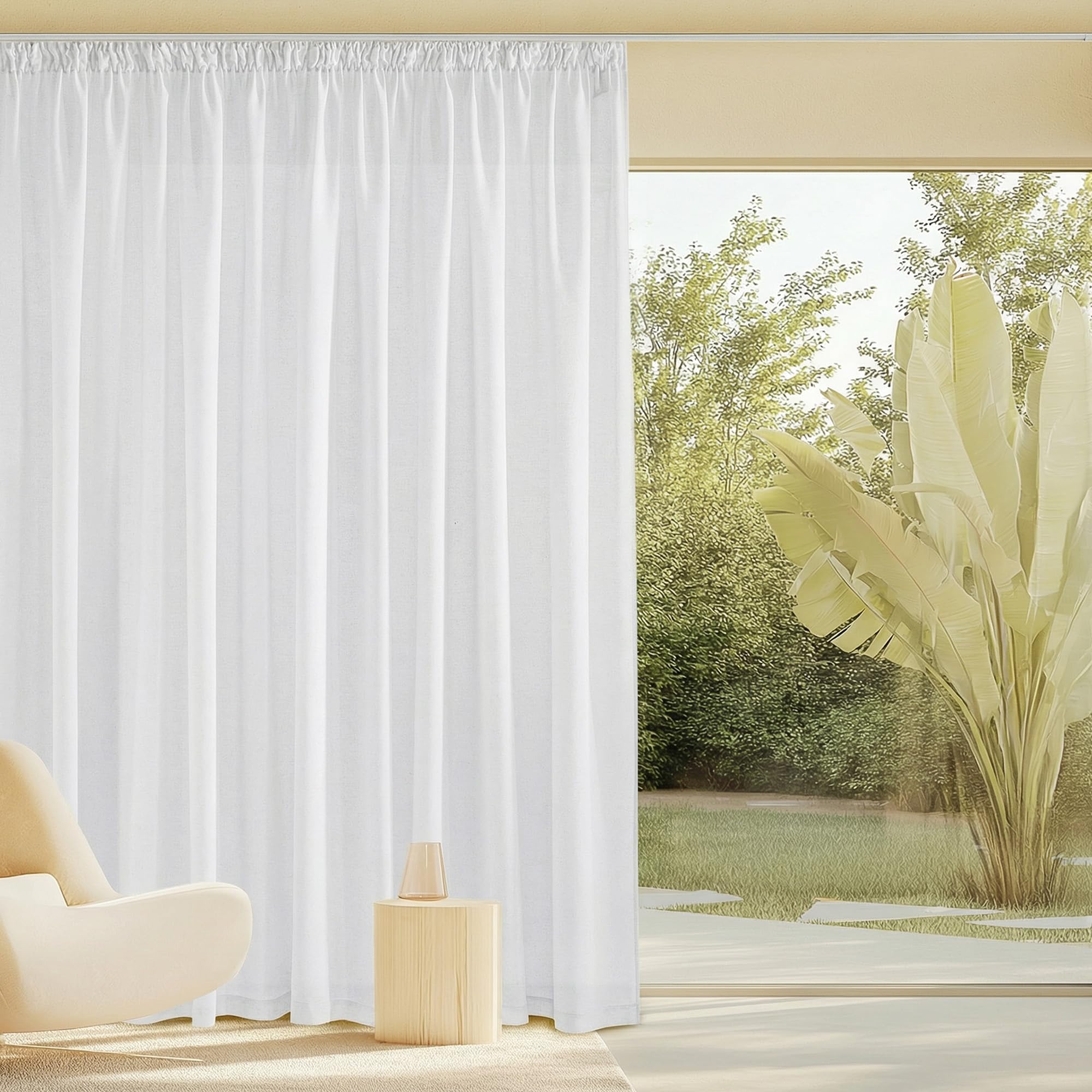 PONY DANCE Rideau Voilage Epais - Rideaux Lin Naturel Galon Fronceur | L 300cm x H 245cm,Demi-Transparent Protecter la Confidentialité,Decoration Salon Chambre Fenetre,2 Panneaux, Blanc