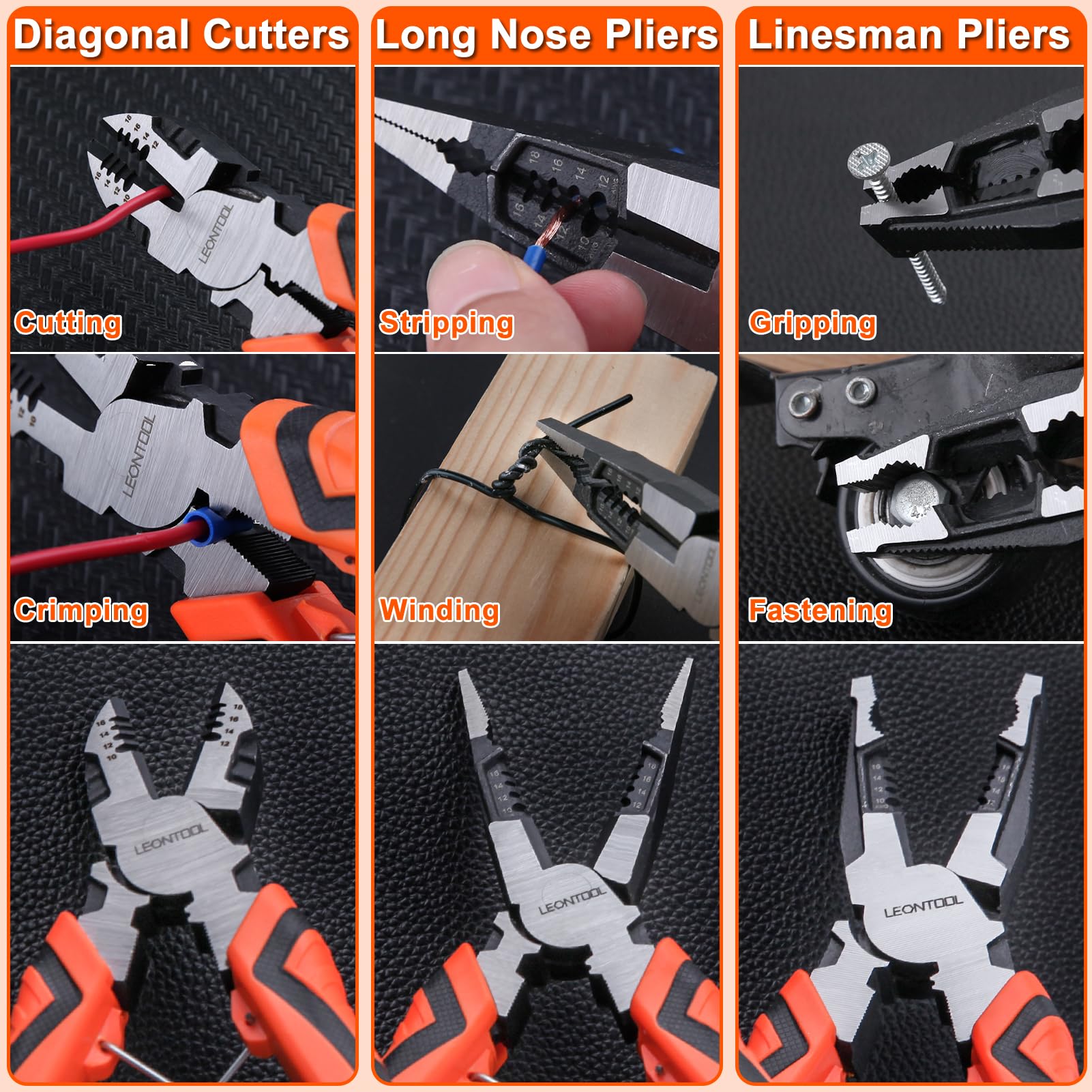 LEONTOOL Set di 3 pinze, 6 in 1 multifunzione spelafili, con pinze a becco lungo, pinze da taglio diagonale, pinze per elettricisti da 20,3 cm, set di utensili manuali per riparazioni di base