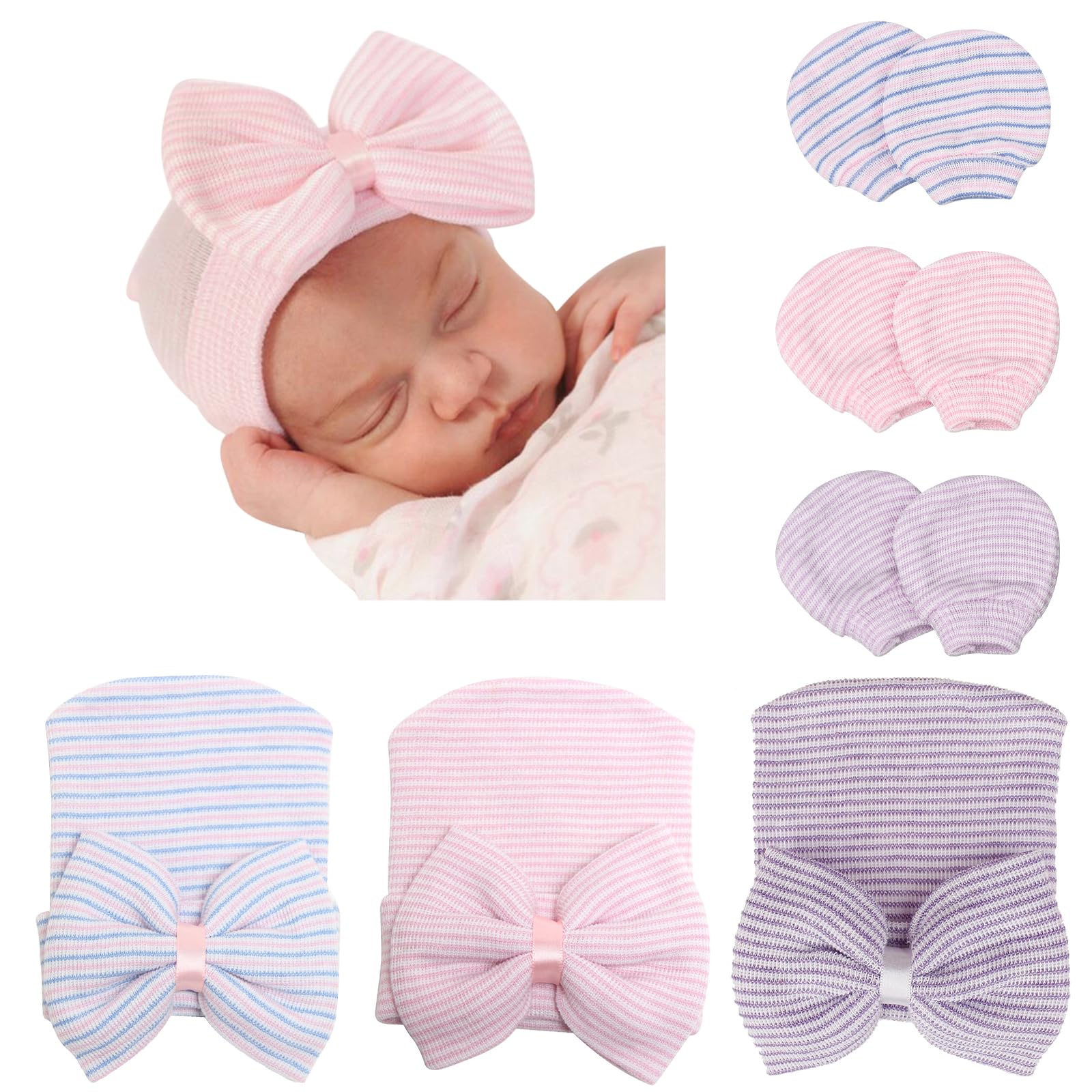 DRESHOW BQUBO 3 Pack Newborn Hospital Hat and Mittens Infant Baby Beanie with Bow Soft Cute Knot Nursery Cap