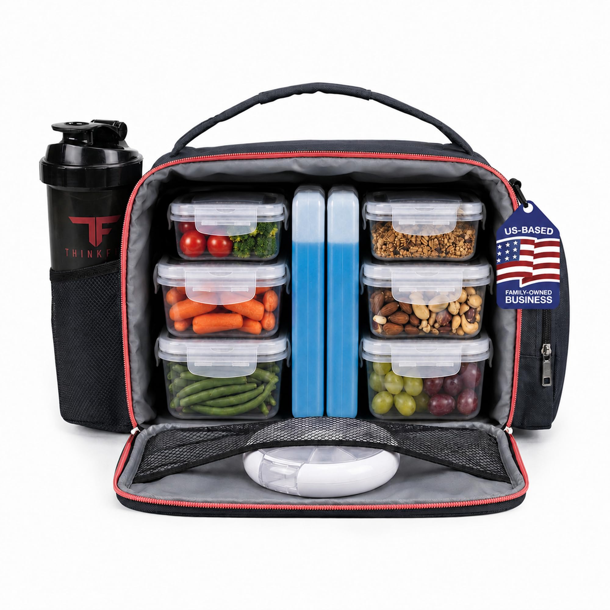 Insulated Meal Prep Lunch Box with 6 Containers, 2 Ice Packs, Red