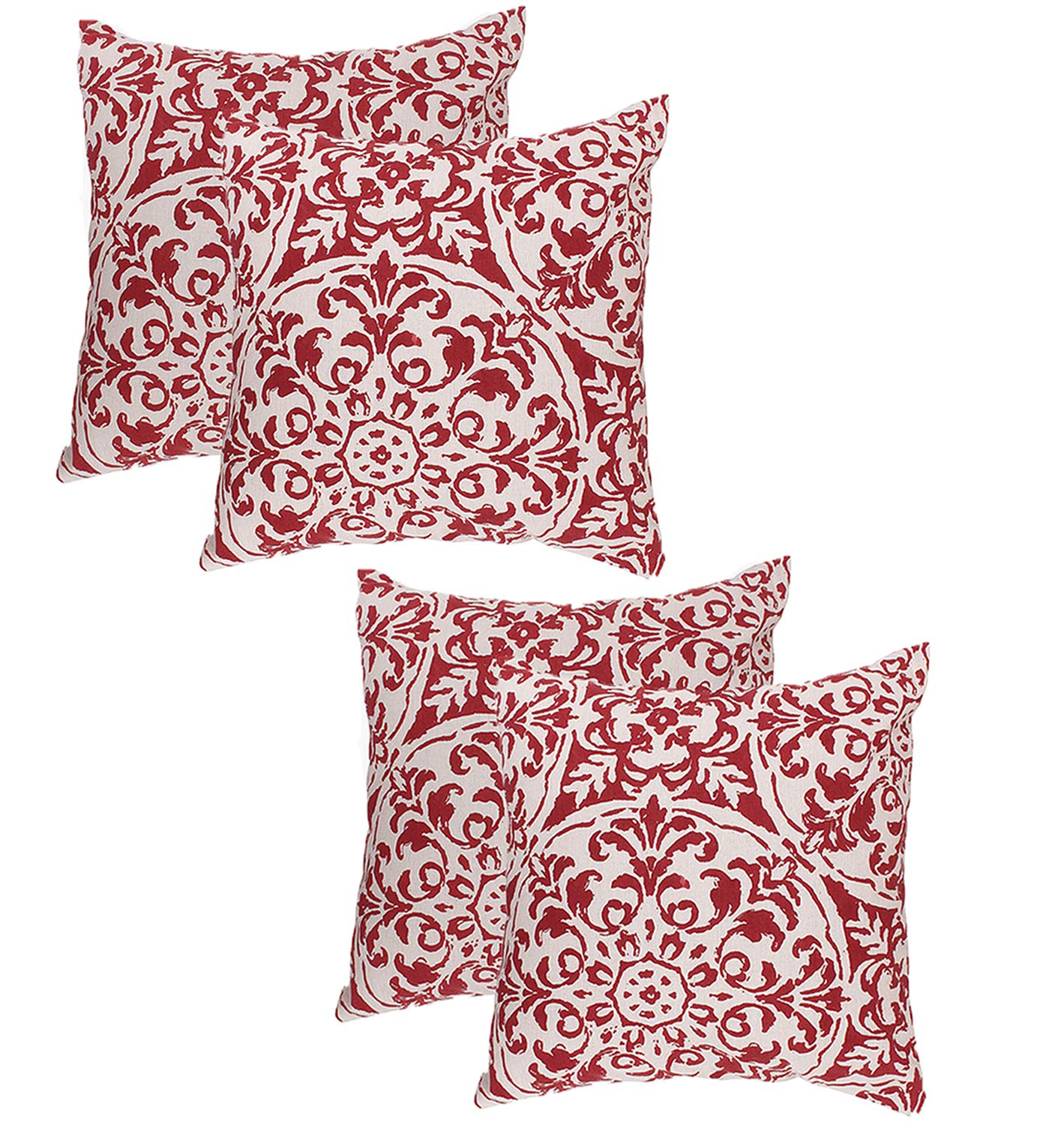 WHY Decor Square Throw Pillow Covers Set, 18 x 18 Inch, Soft Soild Decorative Linen Lumbar Cushion Cases, Floral Pattern Pillowcases for Sofa Bedroom Car, Red in Cream Background, Set of 4