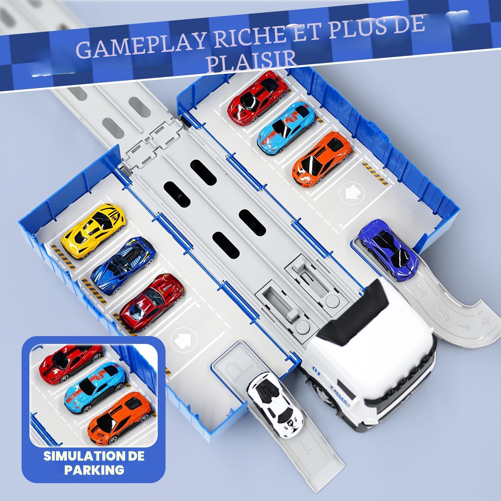 Transport Truck - Voiture Jouet pour garçons âgés de 3, 4, 5, 6 Ans - Portable - avec 8 Voitures de Course - Véhicule de Transport - Jouet pour Enfants (Bleu)