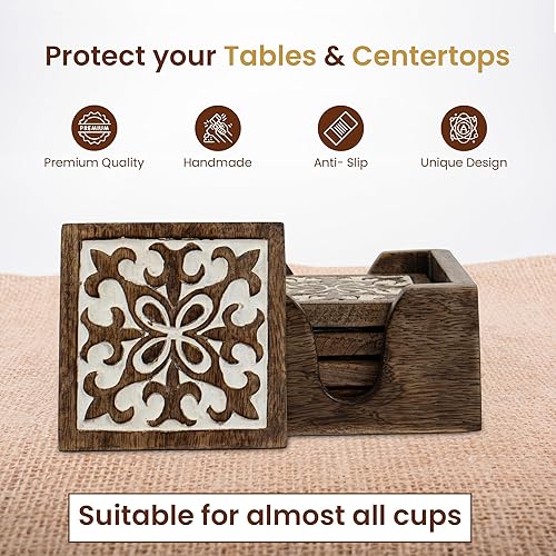 Miniatura 5 de DEVLA Juego de posavasos decorativos de madera de 4 pulgadas, tallados a mano con diseño antiguo blanco, 5 posavasos con soporte, marrón y blanco