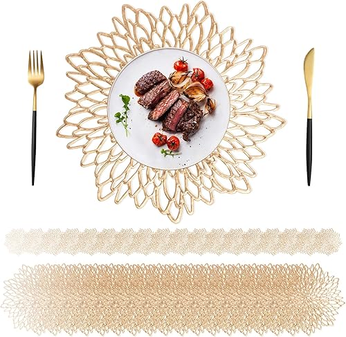 Paquete de 24 manteles individuales y posavasos dorados, manteles individuales de vinilo dorado de 15 pulgadas, tapetes redondos a granel,