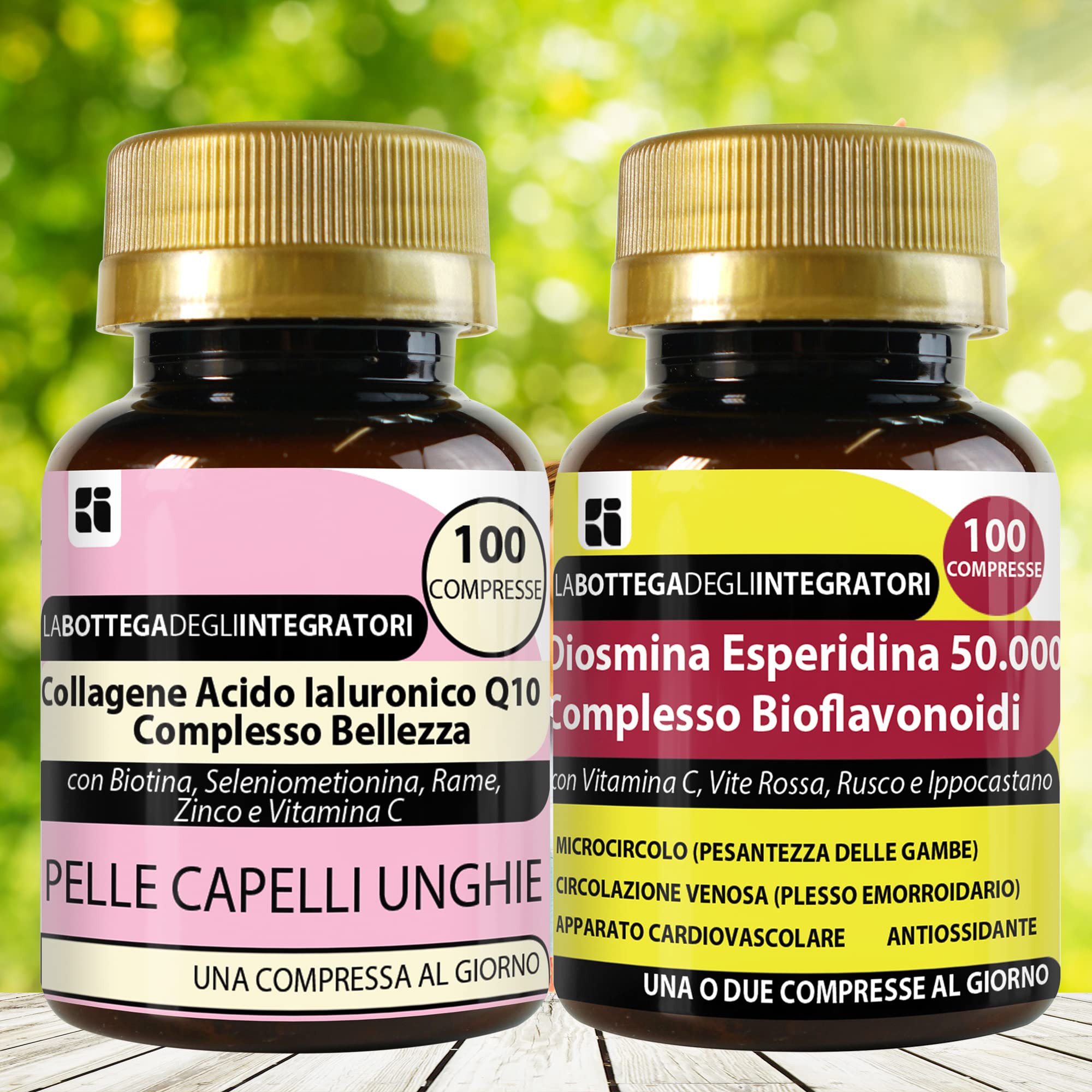 Set di Integratori Pelle Capelli Unghie + Antiossidante | Collagene Ialuronico Q10 Complesso Bellezza 100 compresse + Diosmina Esperidina Bioflavonoidi 100 compresse