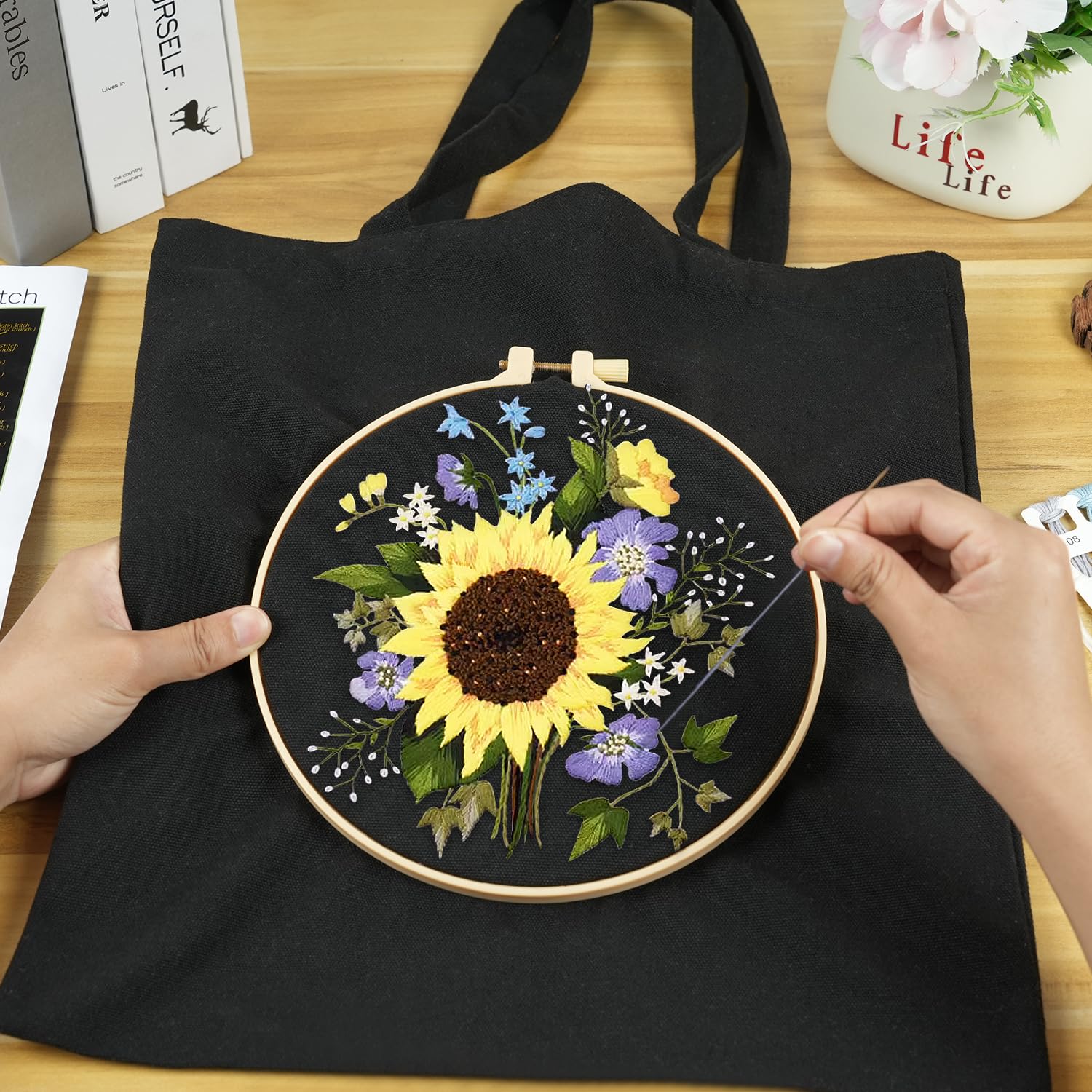 Amazon.co.jp: キャンバストートバッグ刺繍キット、ひまわり柄、刺繍