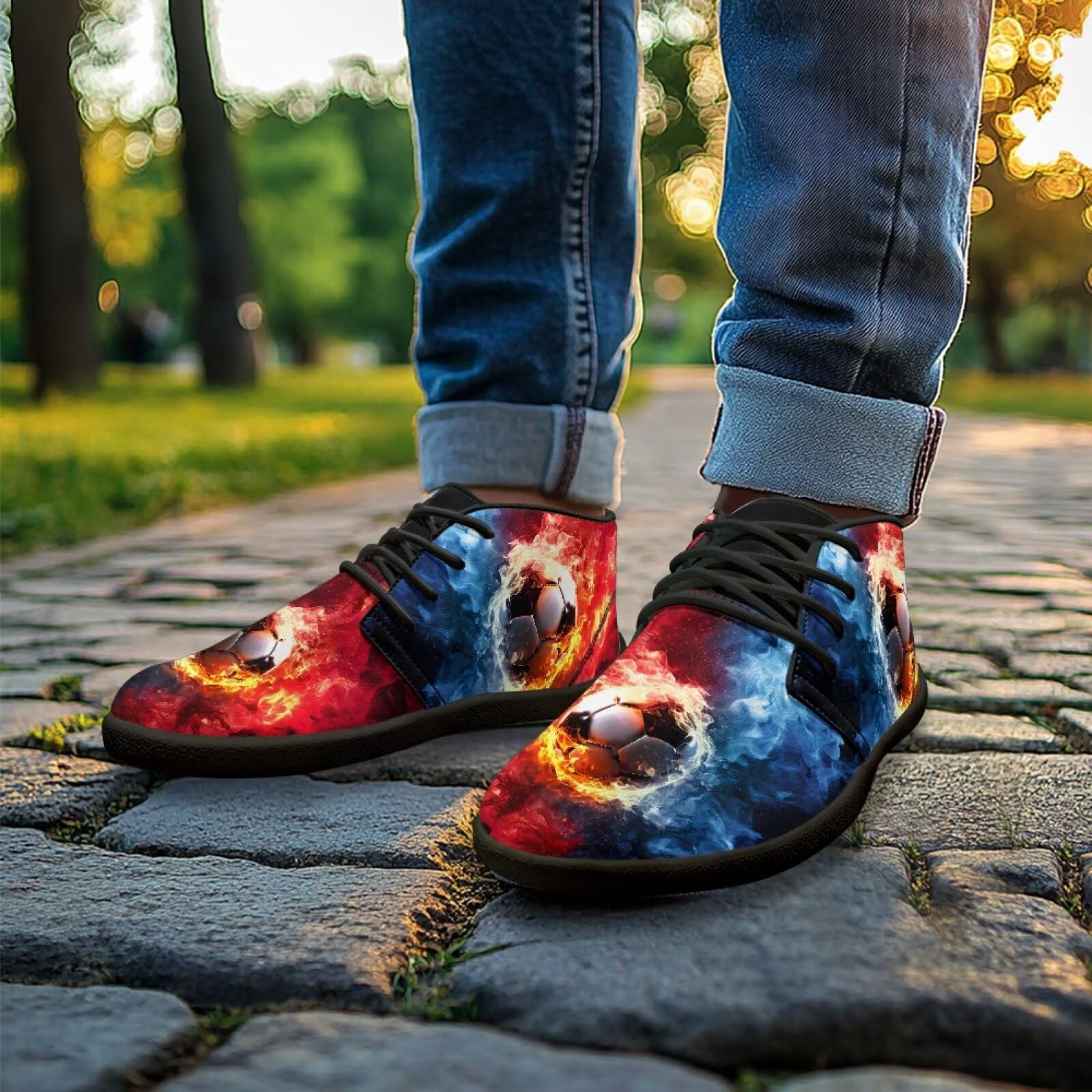 Chririnla Fire Soccer Running Shoes for Men Trail Running Shoe Teen Boys Lace-up Athletic Sneakers Wide Minimalist Cross-Trainer Sneaker Round Toe Boots