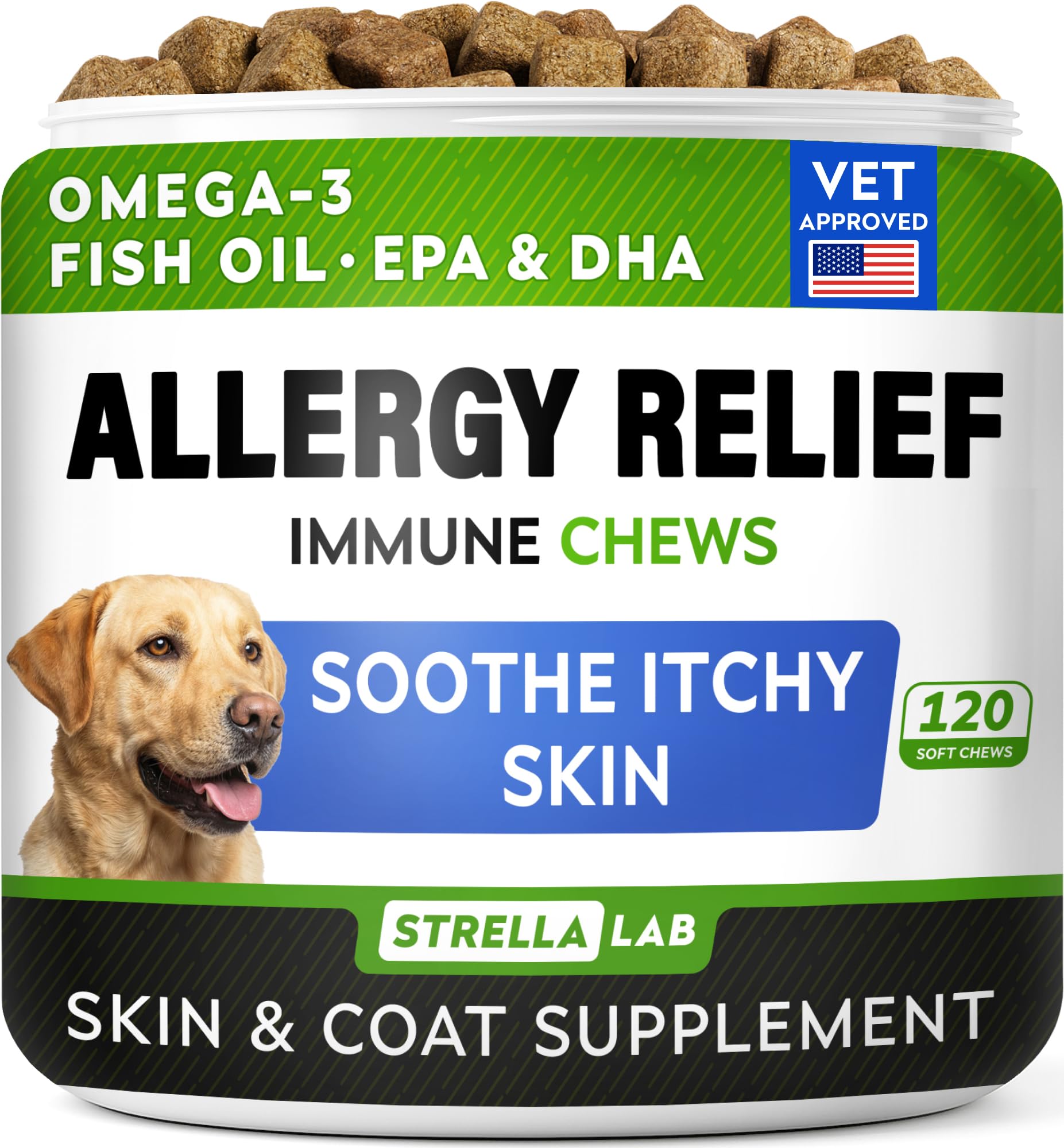 StrellaLab Dog Allergy Relief & Anti Itch Support Chews w/Omega 3: Real Ingredients, Real Taste! Skin & Coat Immune Supplement w/Fish Oil, Pumpkin & Enzymes — Developed by Experts - Made in USA -120Ct