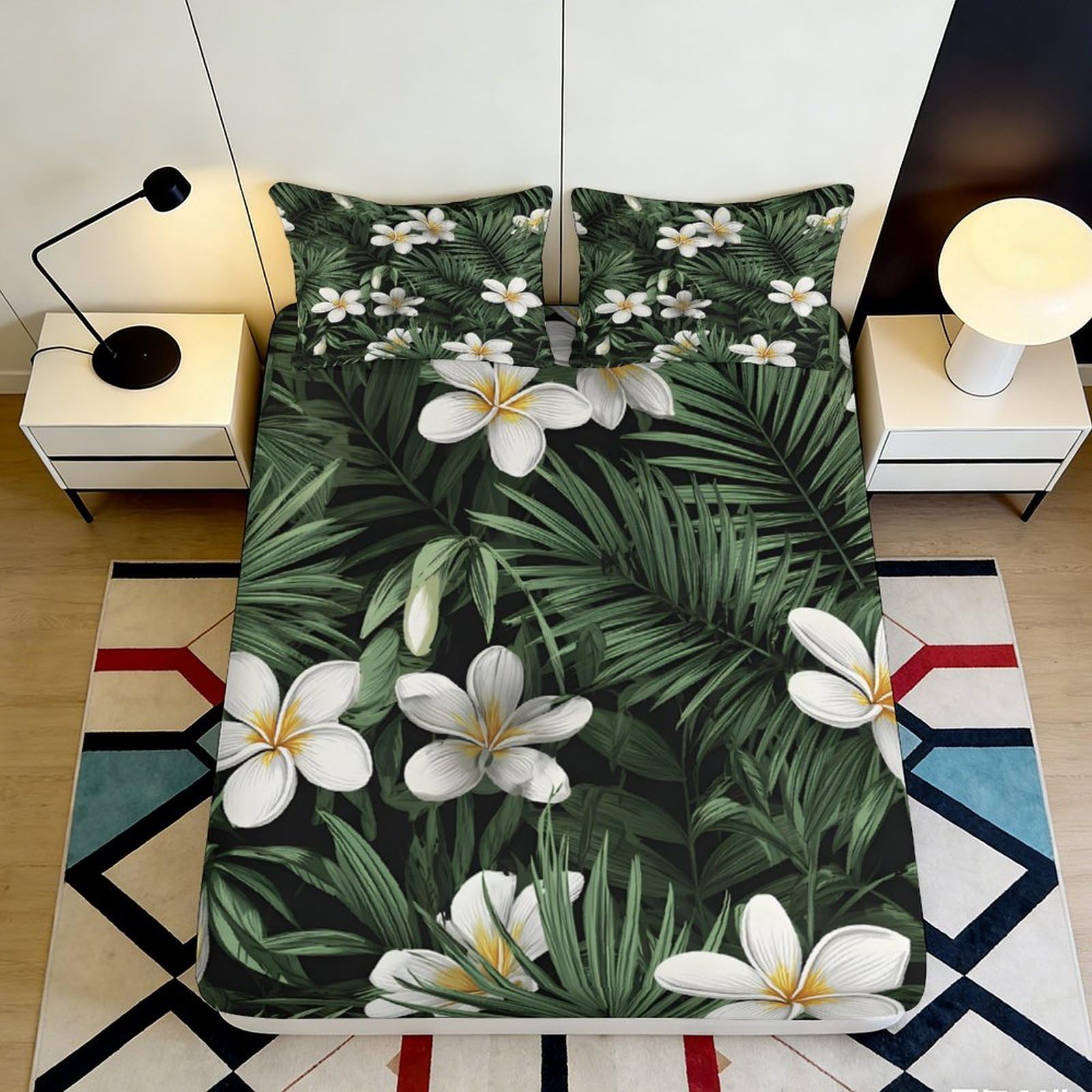 3D Printed Tropical Flower Fitted Sheet Microfiber Soft Botanical Leaf Mattress Cover for Bedroom Guest Room Decor 90x200x25cm