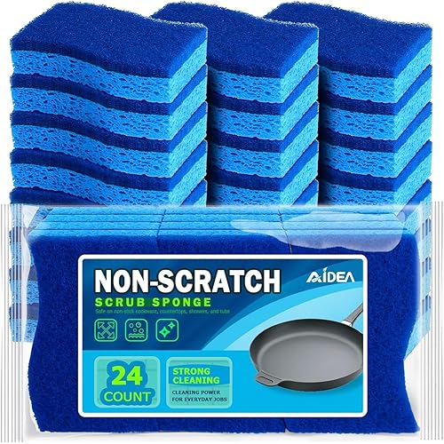 AIDEA Non Scratch Scrub Sponge, 24Count, Sponges for Dishes, Sponges Kitchen, Cleaning Sponge, Cleans Fast Without Scratching, Stands Up to Stuck-on Grime, Cleaning Power for Everyday Jobs
