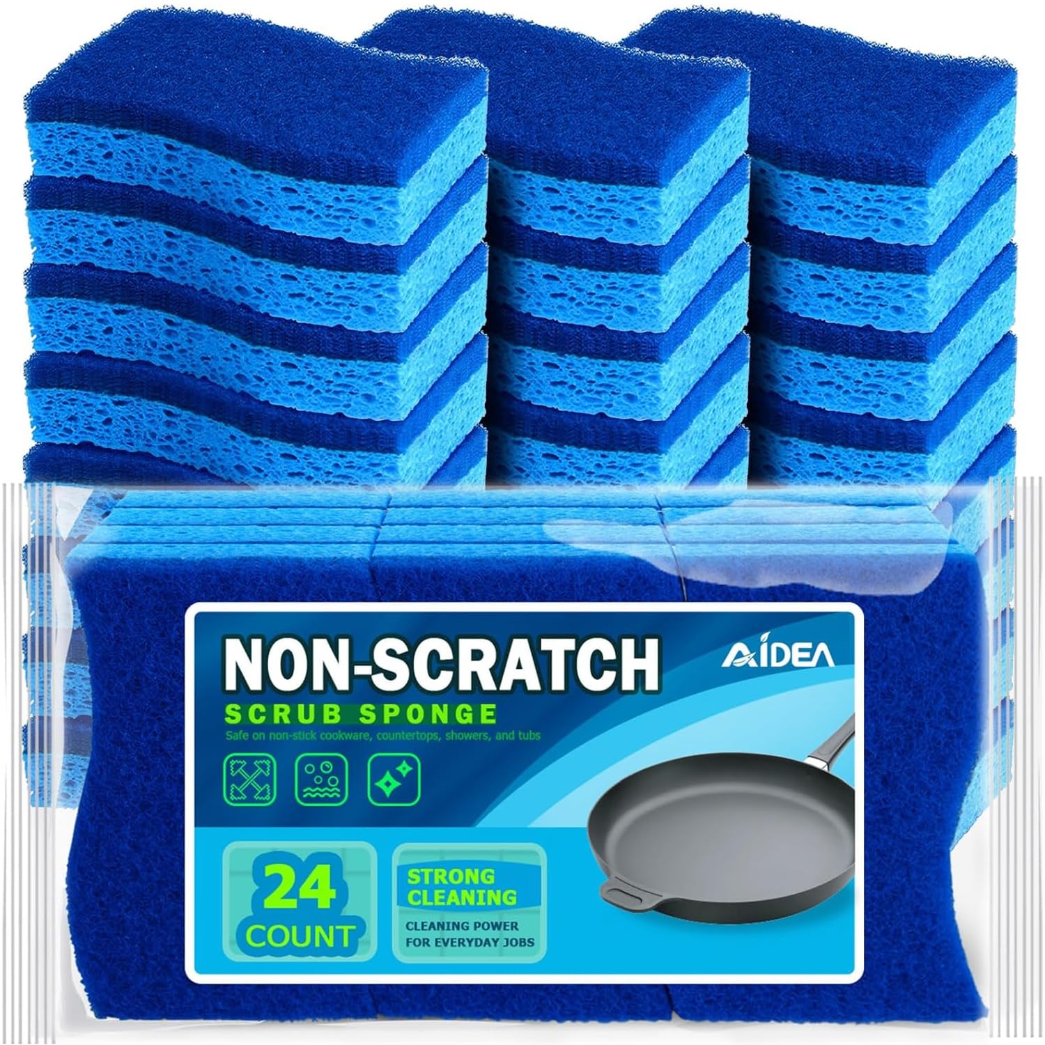 AIDEA Non-Scratch Scrub Sponge Pack of 24, Dual-Sided Dishwashing Sponges, Cleaning Sponge, Cleans Fast Without Scratching, Stands Up to Stuck-on Grime, Cleaning Power for Everyday Jobs
