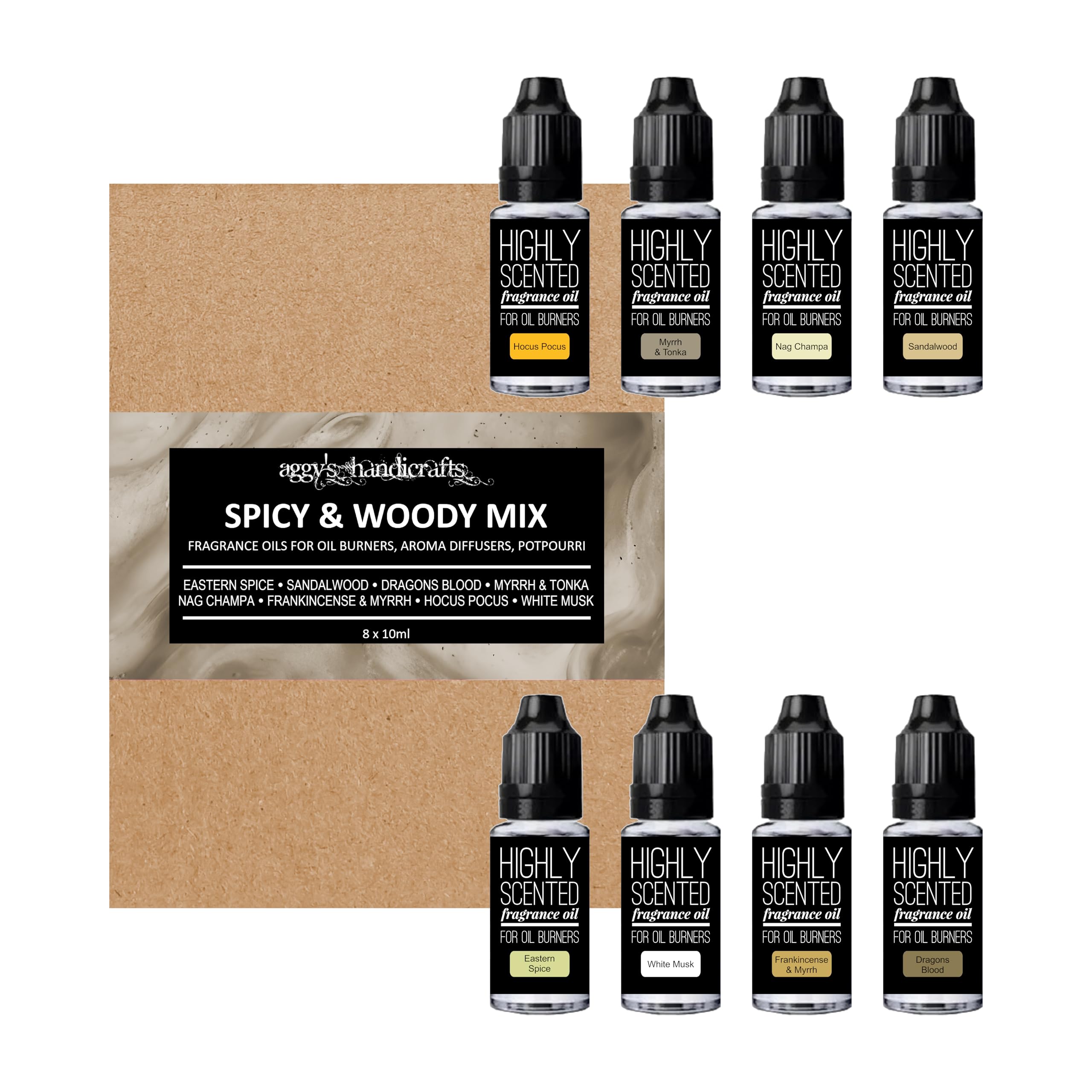 Highly Scented Fragrance Oils Gift Set, 8 x 10ml (SPICY & WOODY MIX)