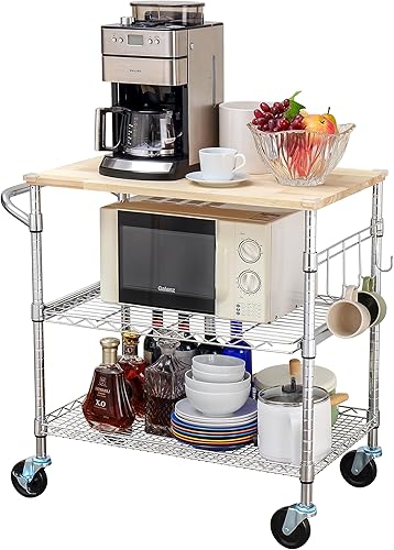 Miniatura 3 de Finnhomy Carrito de cocina con ruedas de 3 niveles con mesa de madera de roble de 18 pulgadas de profundidad x 30 pulgadas de ancho, isla de cocina