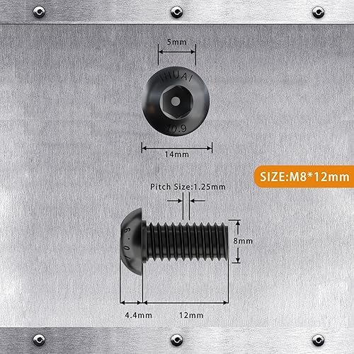 Miniatura 8 de Tornillos de cabeza de botón M8-0.049 x 1.575 in, acero de aleación de grado 10.9, acabado de óxido negro, rosca de máquina, unidad de enchufe