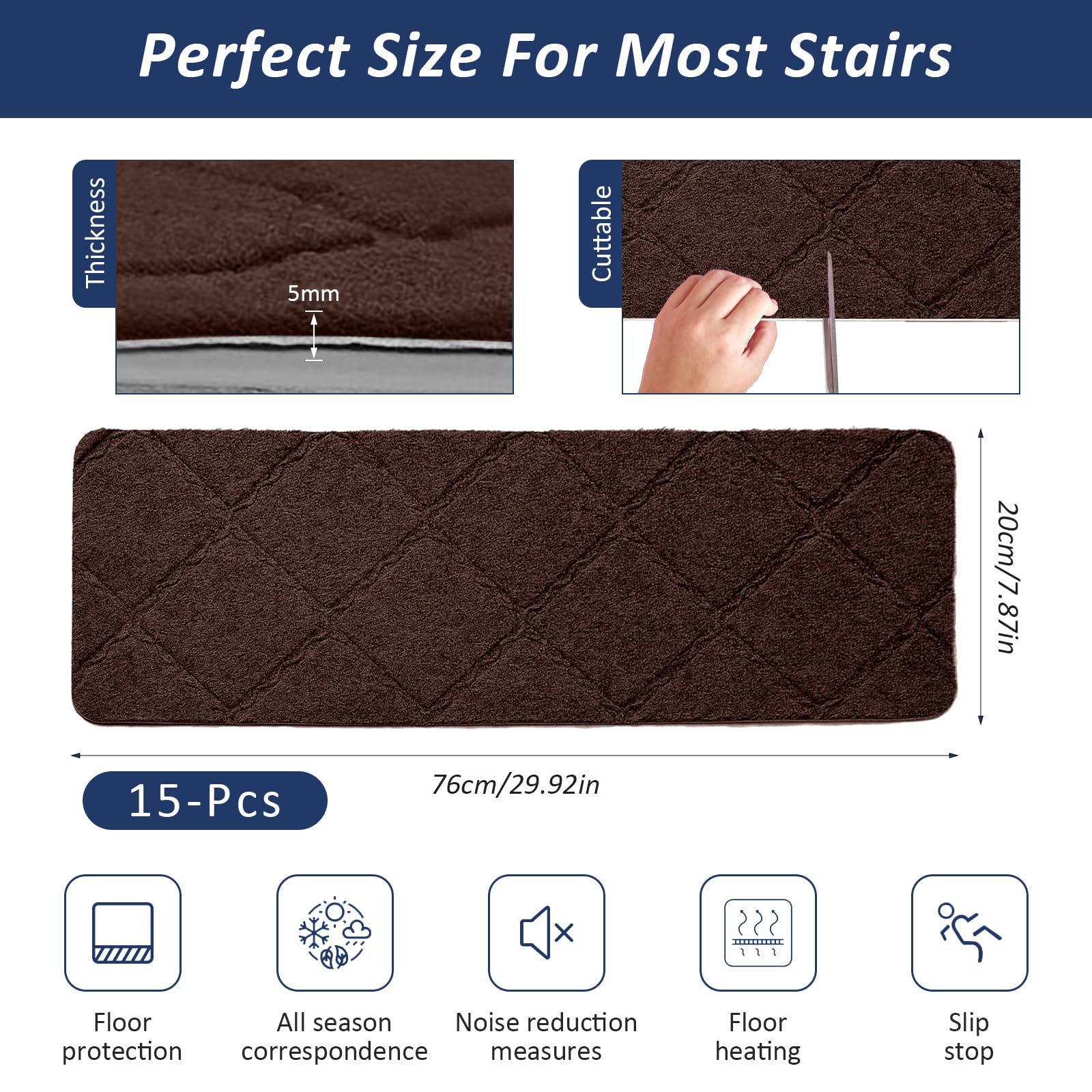 Bocguy 15 Stück Treppenstufen Matten, 76x20cm Stufenmatten Innen rutschfest, Selbstklebend Antirutschmatte Zuschneidbar Wiederverwendbar für Treppenschutz