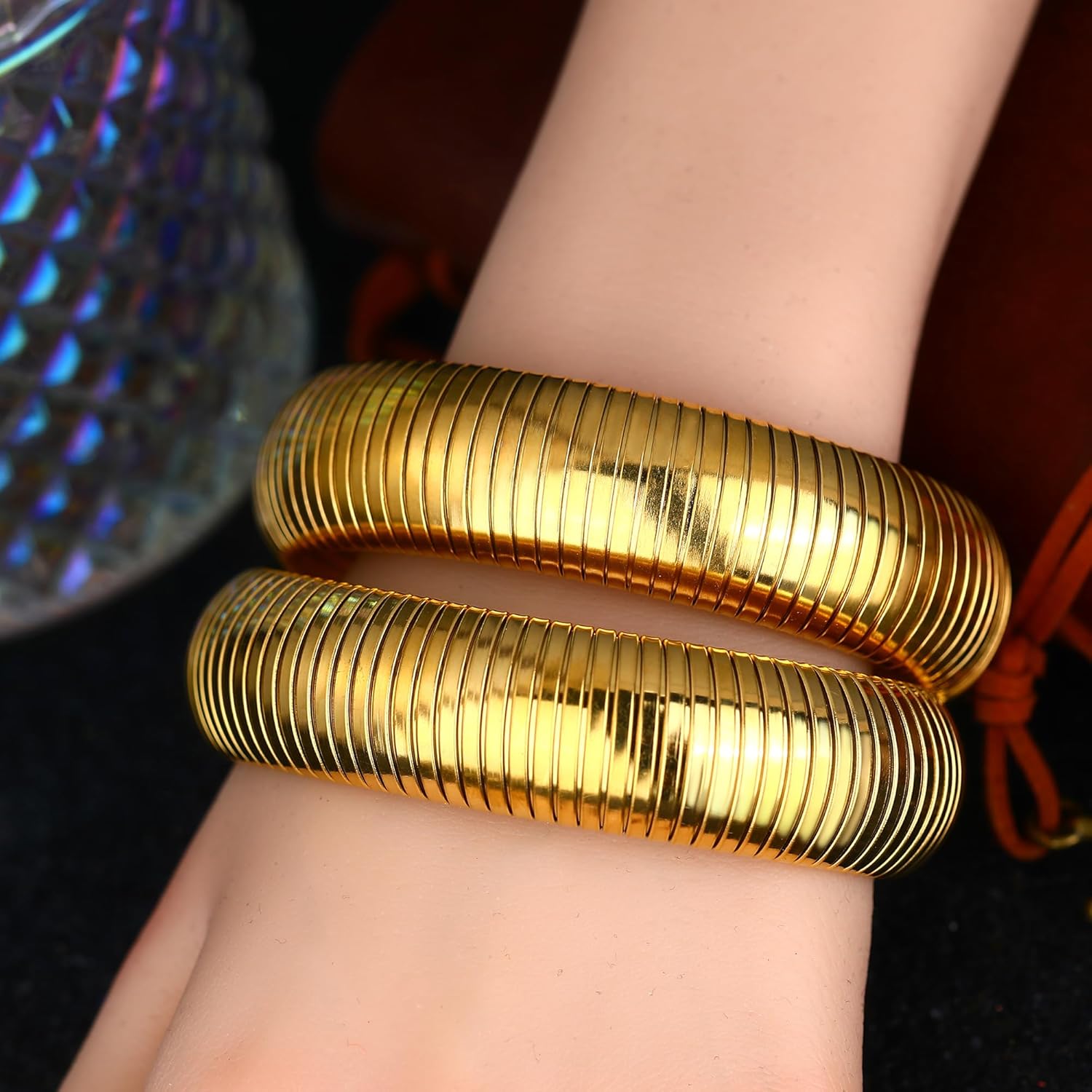 MISS RIGHT Gold Chunky Stretch Snake Chain Bangle Bracelets Stack for Women Trendy, 18K Gold Filled Stainless Steel Stretchy Womens Stackable Wristband Bangles Bracelet Set - Image 3