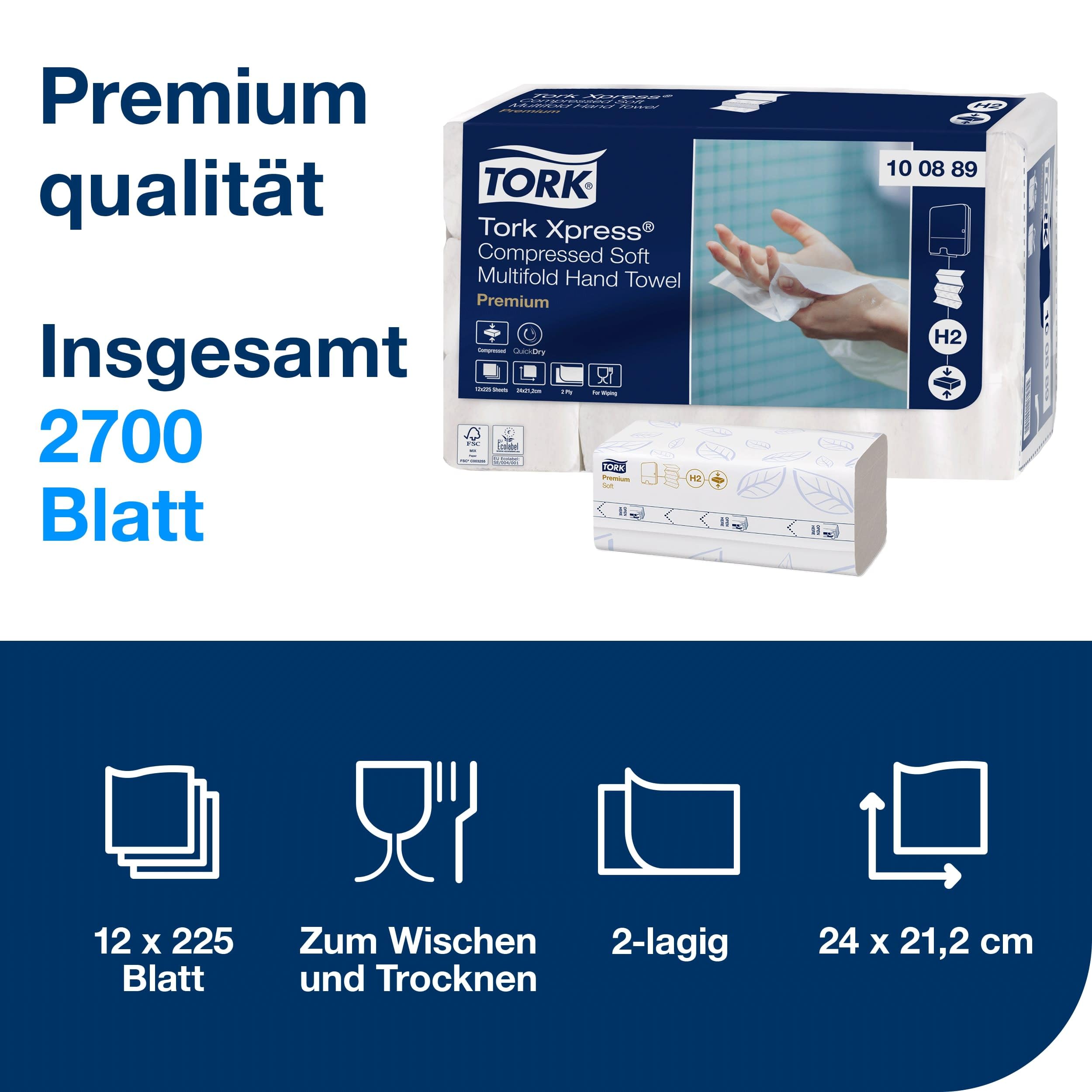 Tork Xpress : essuie-mains en papier souple compressé Multifold, blanc H2, gamme Premium, 2 épaisseurs, pliage en Z, absorbants, 12 x 225 essuie-mains, 100889