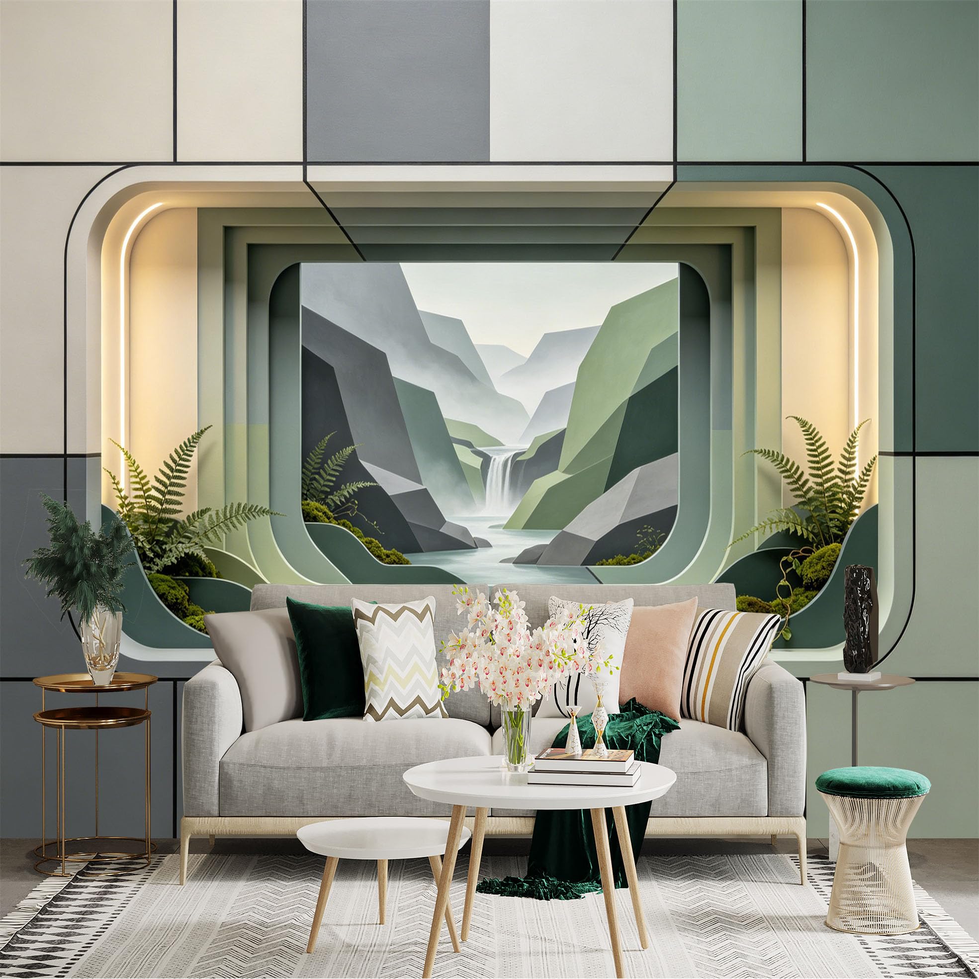 Custom Size Wall Sticker Mural， Geometric Green Valley with Waterfall and Ferns， for wall Decoration， peelandstick wall Decals.