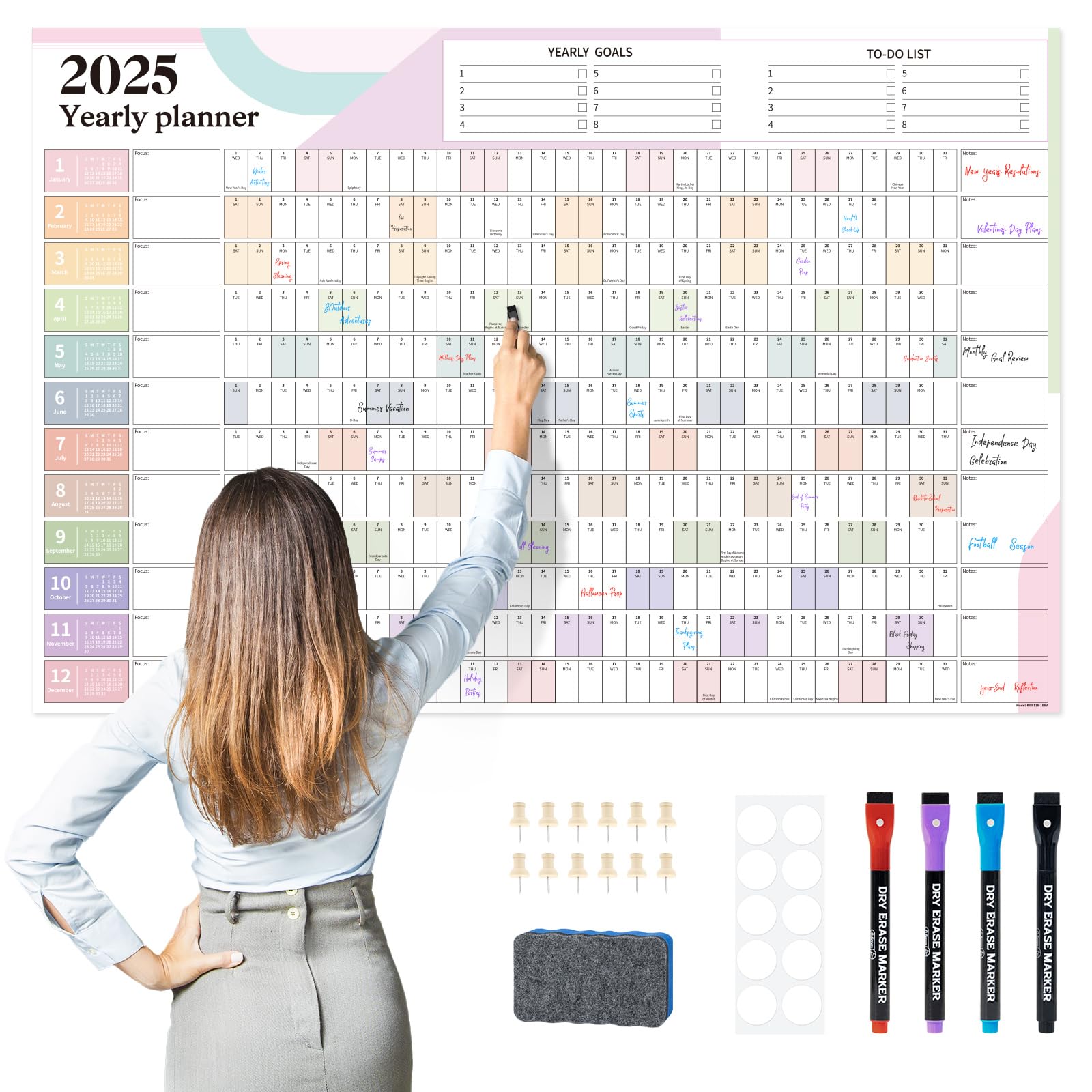 EYROZILL Large Calendar for Wall 2025, Dry Erase Wall Calendar 48"x32" Horizontal Layout, Yearly Planner for Office, Classroom, Home, Task Organizer (2025 Jan-Dec)