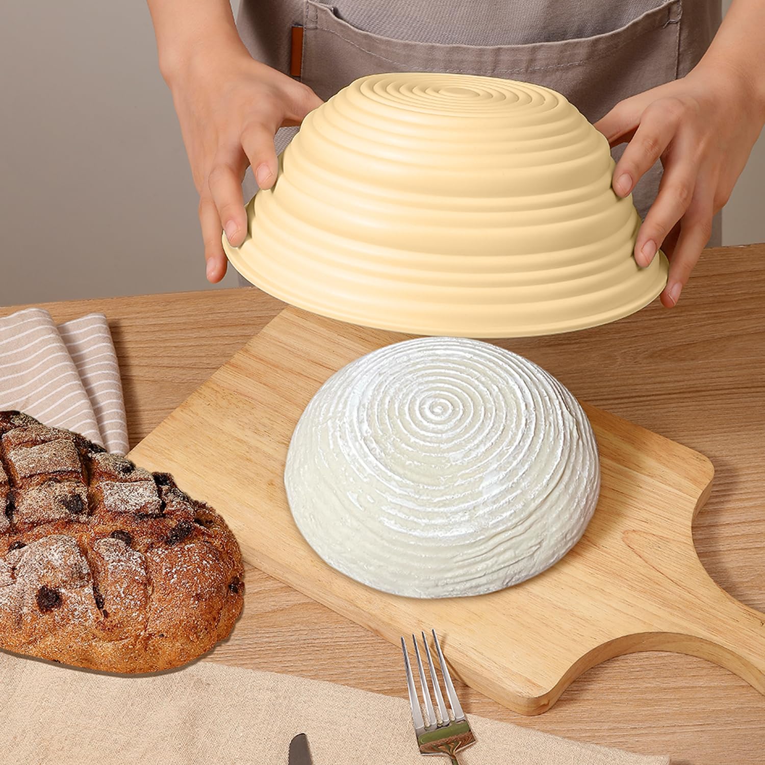 Kit Panification Levain Complet - Banneton Rond 25,4 Cm + Spatule + Insert Lin - Naturel Et Durable