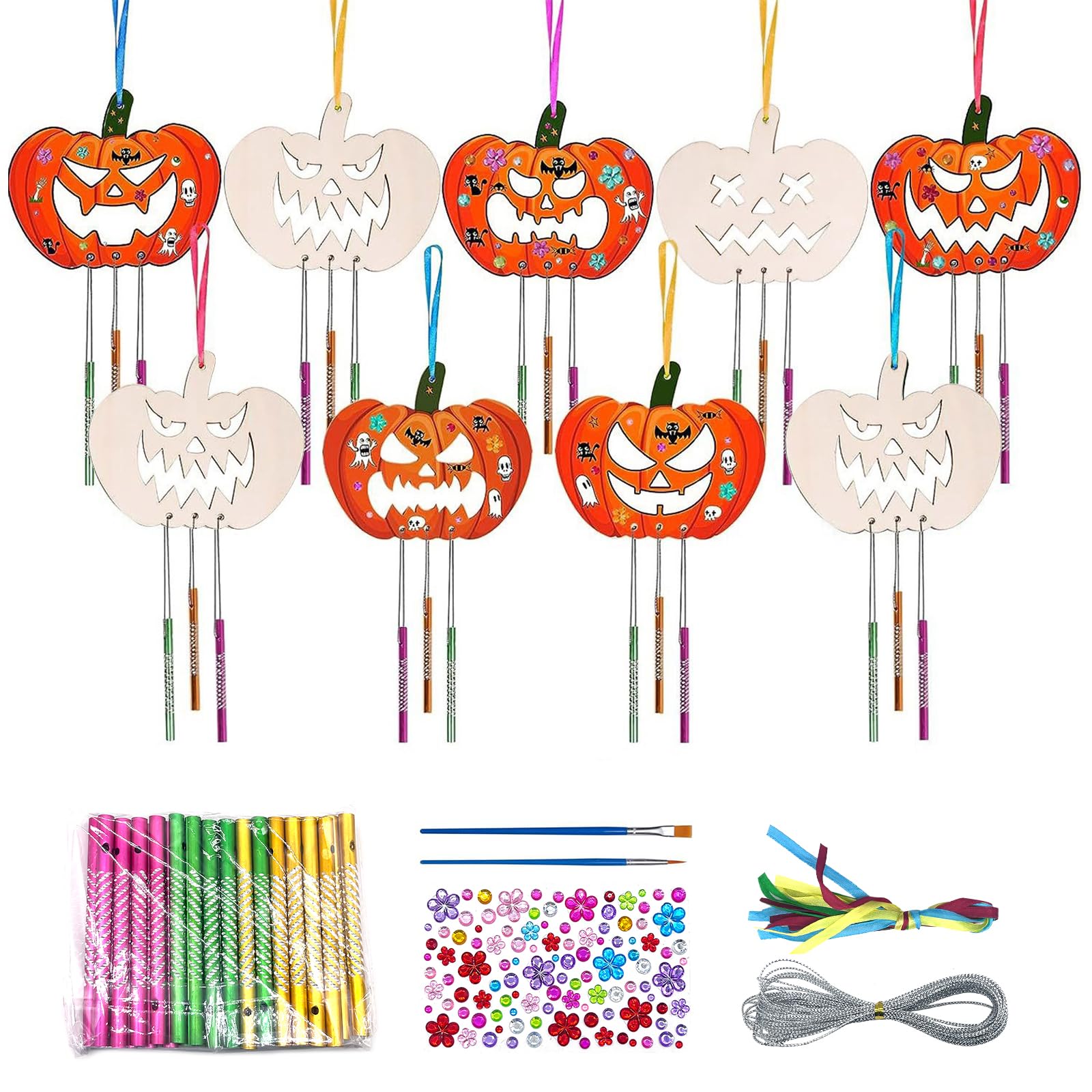 XQMMGOPack of 9 Halloween Wind Chimes Wood, Wind Chime Crafts, Halloween Decoration, Wind Chime Craft Set Children, Children's Birthday Crafts, Halloween Decoration Pumpkin (Pumpkin)