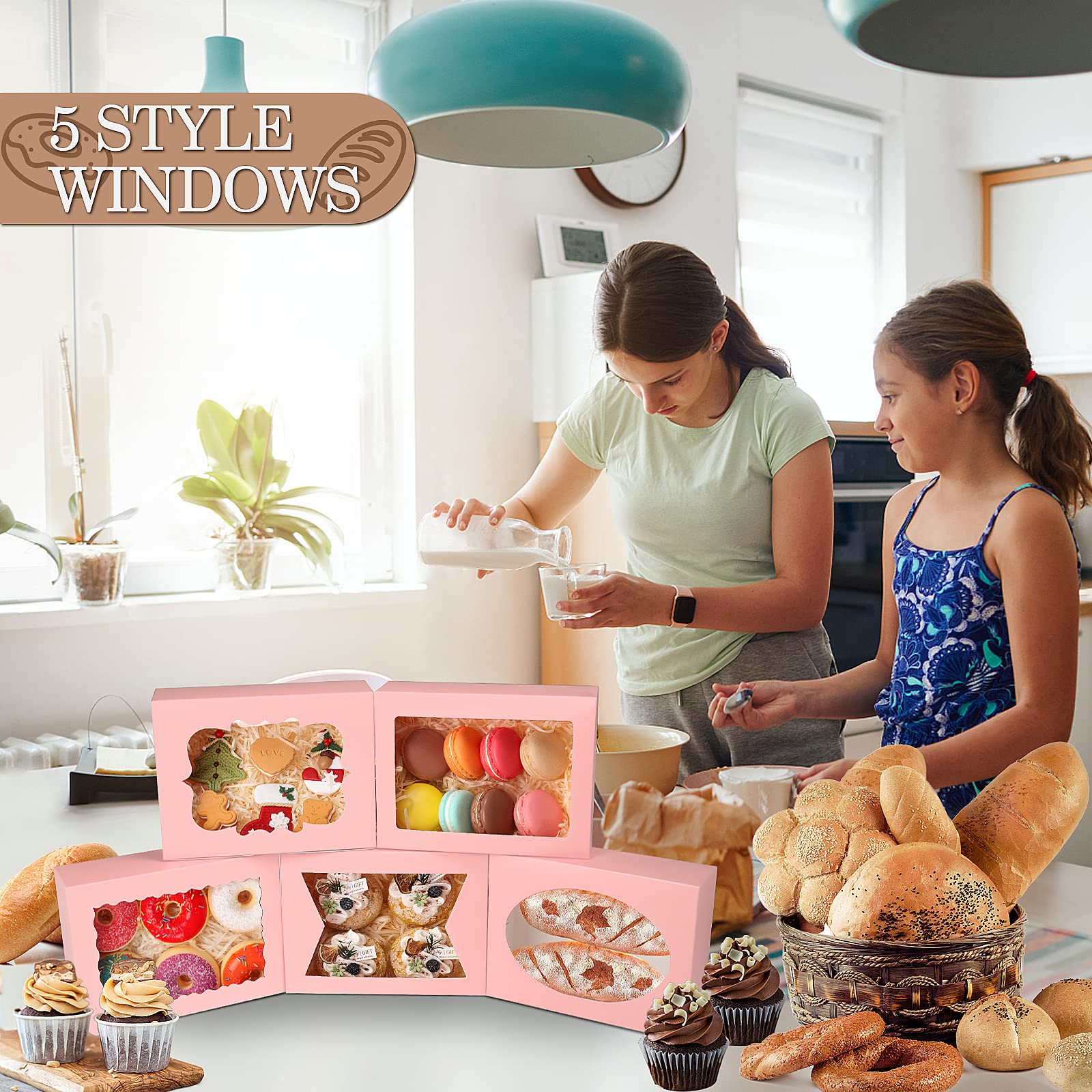 KPOSIYA 65 cajas de galletas de 8 x 6 x 2.5 pulgadas con ventana, cajas de panadería rosas para regalo, golosinas, postres, cupcakes, chocolate, fresas, donas, magdalenas (5 ventanas de estilo)