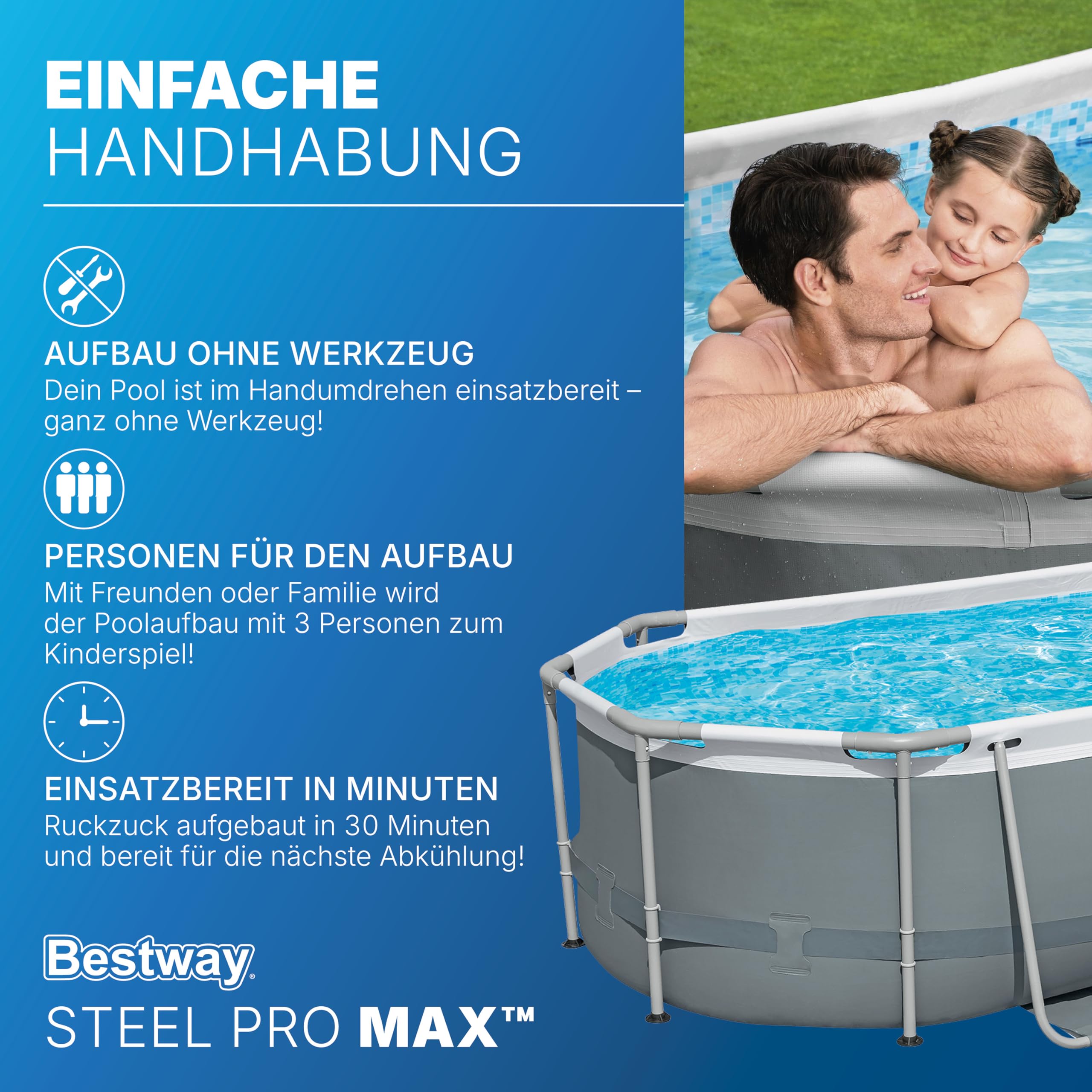 Bestway Power Steel Frame Pool Set mit Filterpumpe 305 x 200 x 84 cm, grau, oval