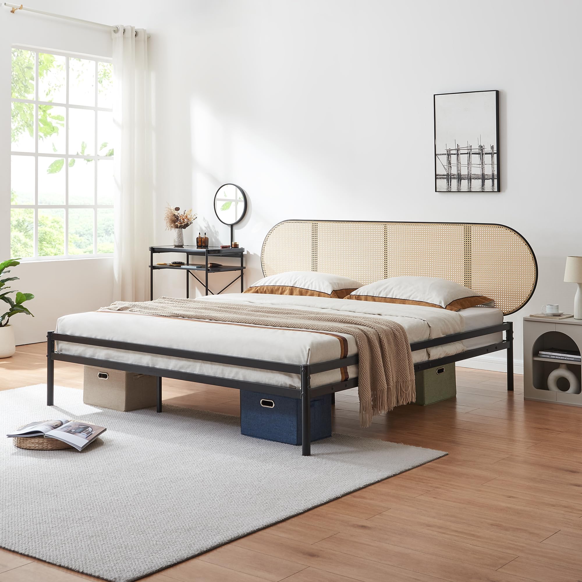 [en.casa] Bett Linköping 180 x 200 cm Bettgestell und Lattenrost Metallbett mit ovalem Kopfteil Doppelbett max. 300 kg Schwarz mit Rattanoptik