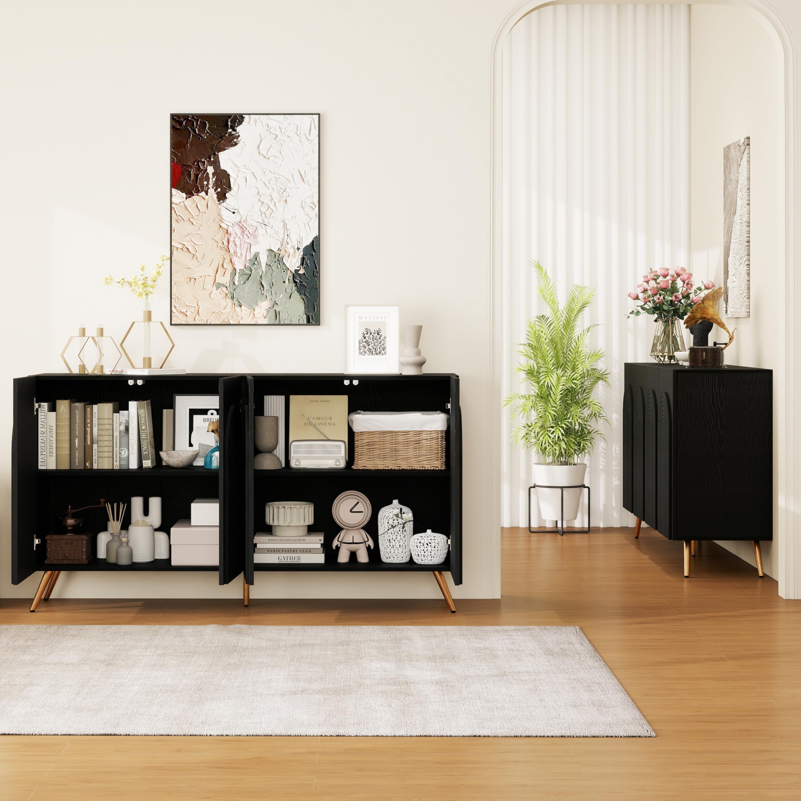 vutizal Kredens 150 cm czarny Mid-Century, rowki 3D i drzwi łukowe