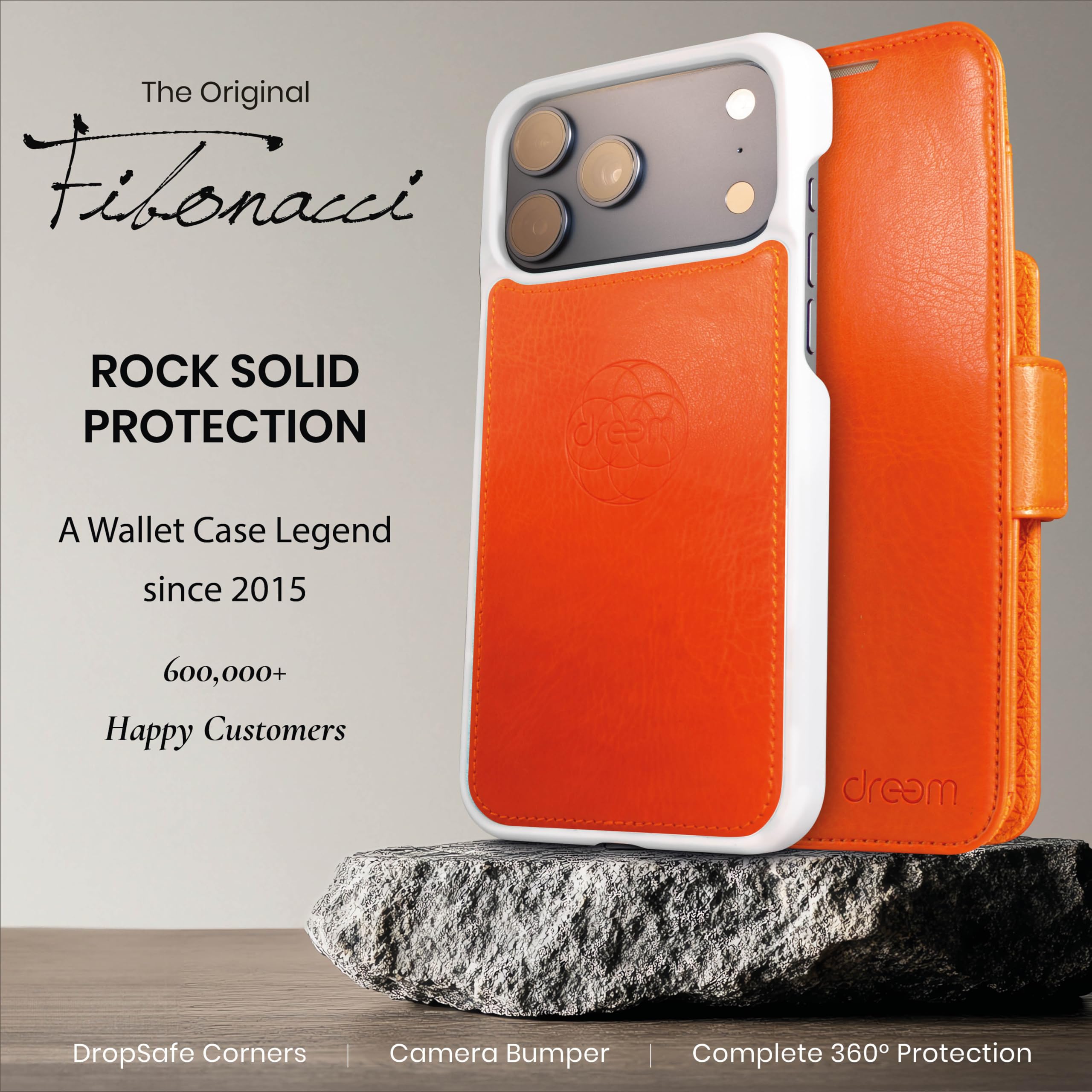 dreem Funda Cartera para iPhone 17 Pro MAX, Soporte revolucionario, Piel Vegana, Compatible con MagSafe, Tapa magnética removible, Bloqueo RFID, Caja de Regalo [Fibonacci:Orange]