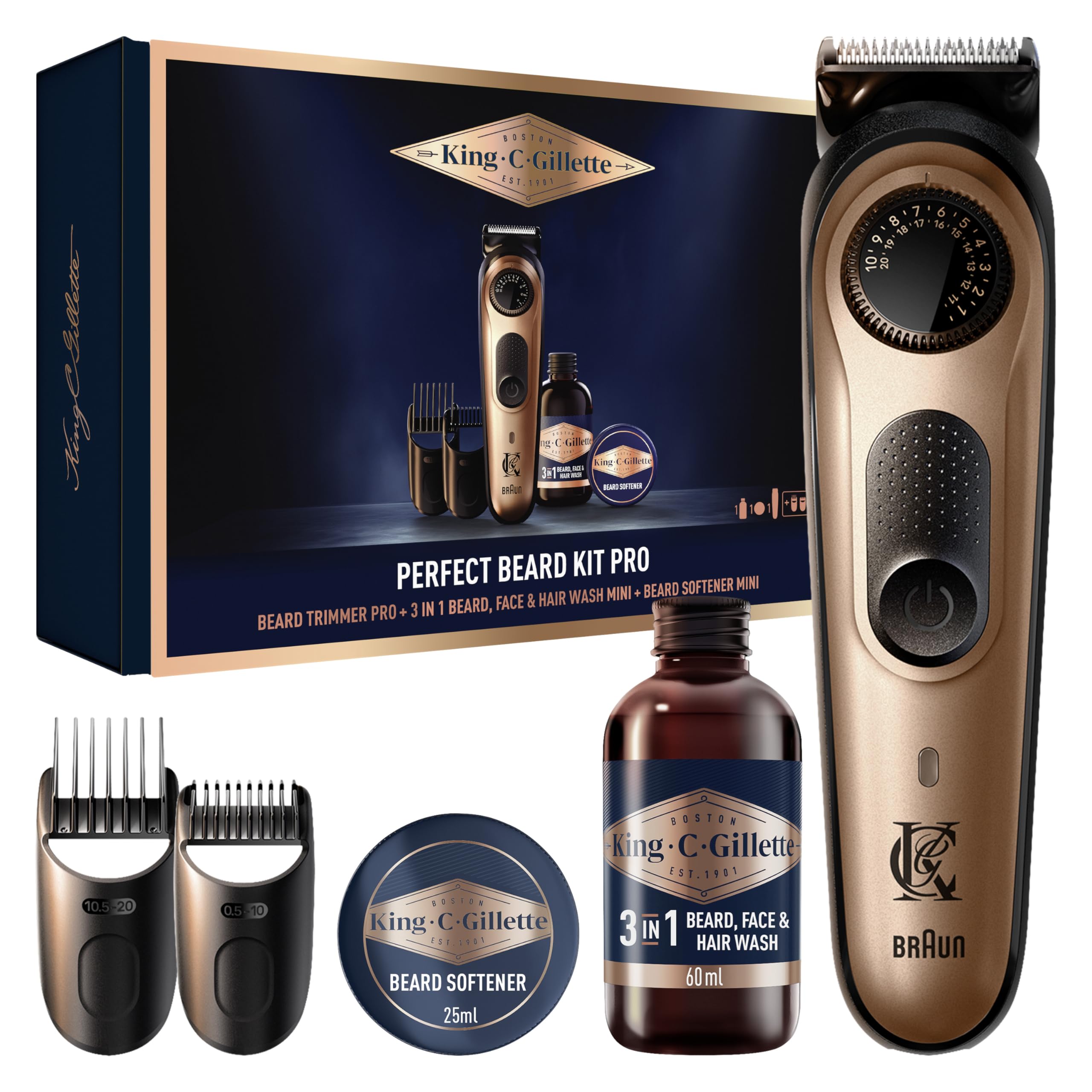King C. Gillette Kit Barbe Homme, Tondeuse Electrique et 2 Soins Visage | 40 Longueurs, Lames Inusables en Métal, Coffret avec Nettoyant 3-en-1 60 ml, Baume Adoucissant 25 ml