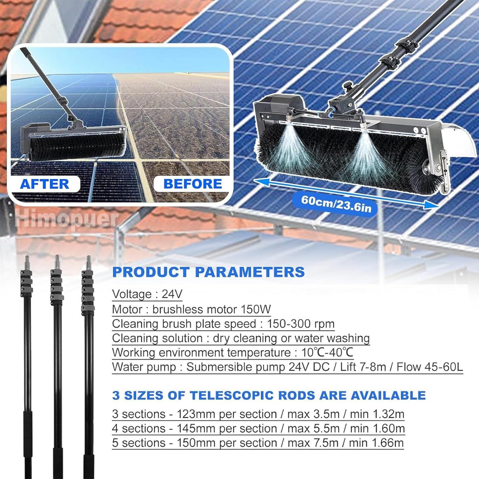 Kit de Poste de Lavado a presión para Limpieza de Paneles solares, Altura Ajustable de 7,5 m, Limpiador Placas solares para centrales fotovoltaicas en estanques de Peces 3.5m/11ft