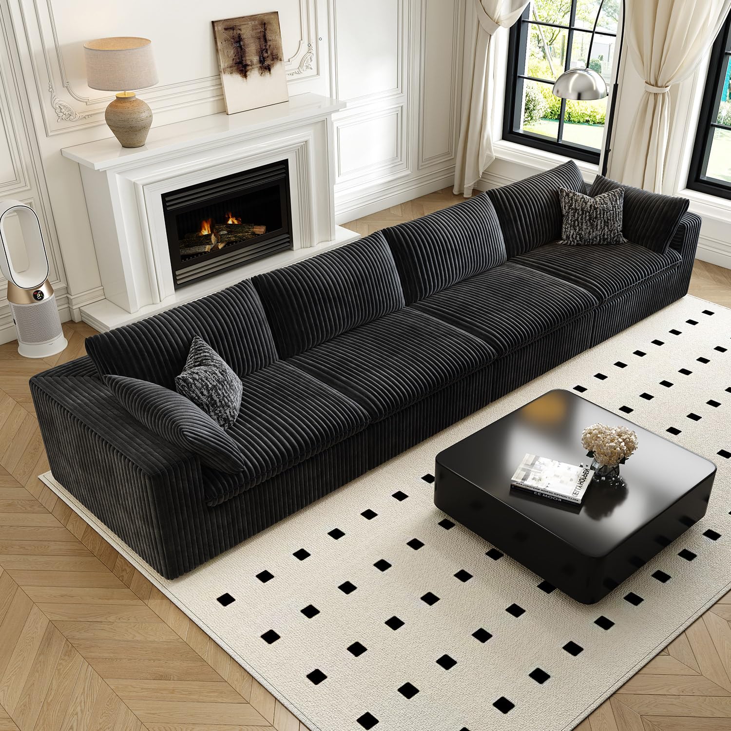 157.5" cloud couch modular sectional sofa for living room,modern sofa with deep seat?4 seater boneless couch,comfy upholstered corduroy couches for apartment, studio, office,bedroom?black